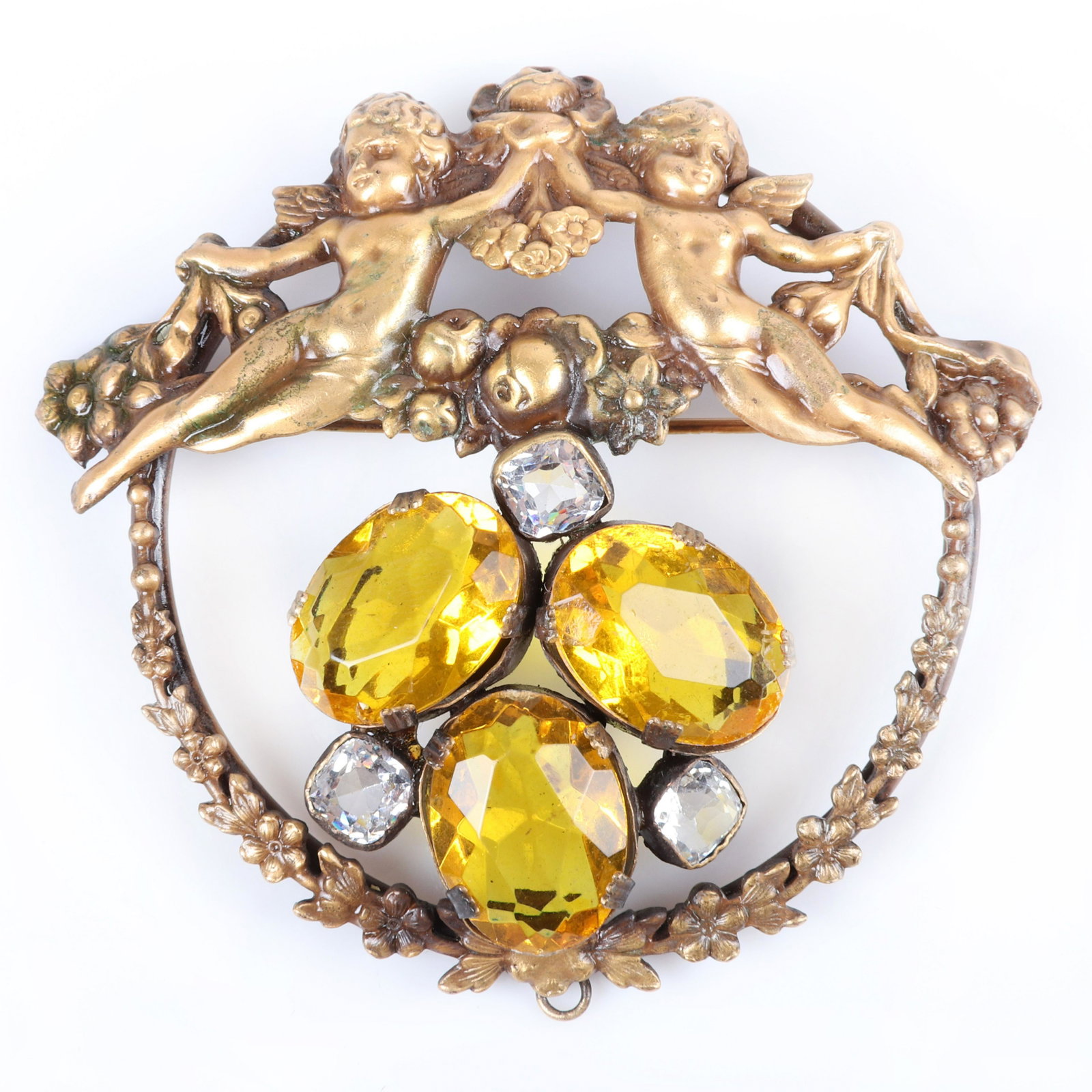 Joseff of Hollywood cherubs and jewels circular brooch,: Joseff of Hollywood cherubs and jewels circular brooch, book piece with colorless and lemon citrus crystals. Joseff book piece 48" Long
