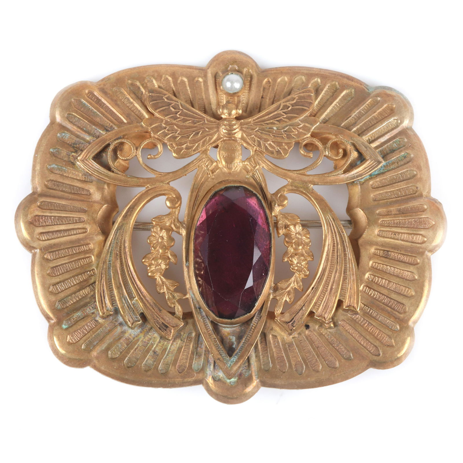 Joseff of Hollywood Egyptian Revival Art Nouveau open: Joseff of Hollywood Egyptian Revival Art Nouveau open work pin brooch with large pink oval faceted crystal, flying scarab and moonstone. 2 1/2"H x 3"W