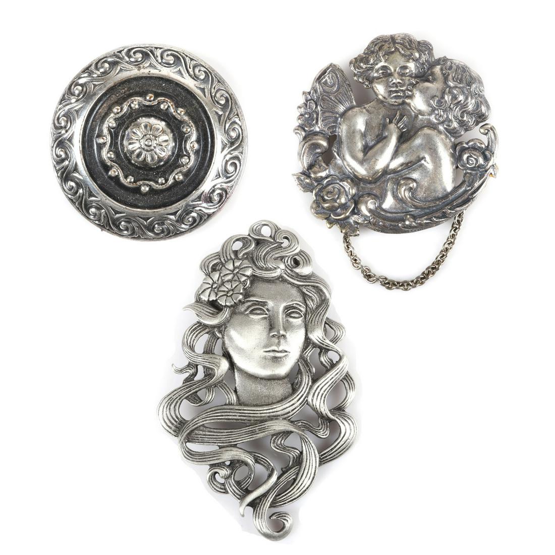 Three Joseff of Hollywood silver tone figural pins: (1 of 11)