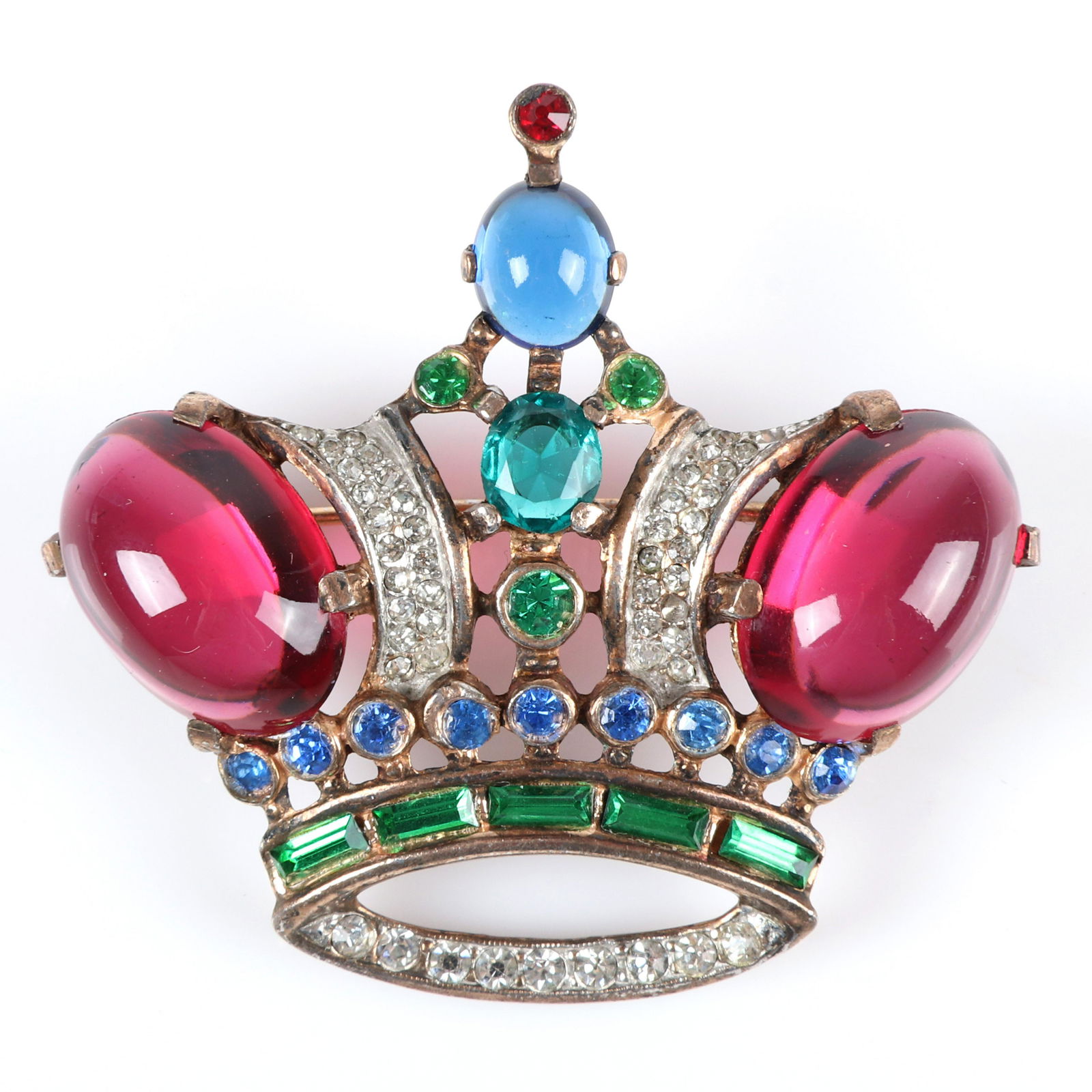 Trifari 1944 "Alfred Philippe" Coronation King Crown: Trifari 1944 "Alfred Philippe" Coronation King Crown Jelly Belly pin brooch, sterling vermeil with ruby cabochon gems, jewel-tone multicolored crystals and rhinestones. 1 3/4" H x 2" W