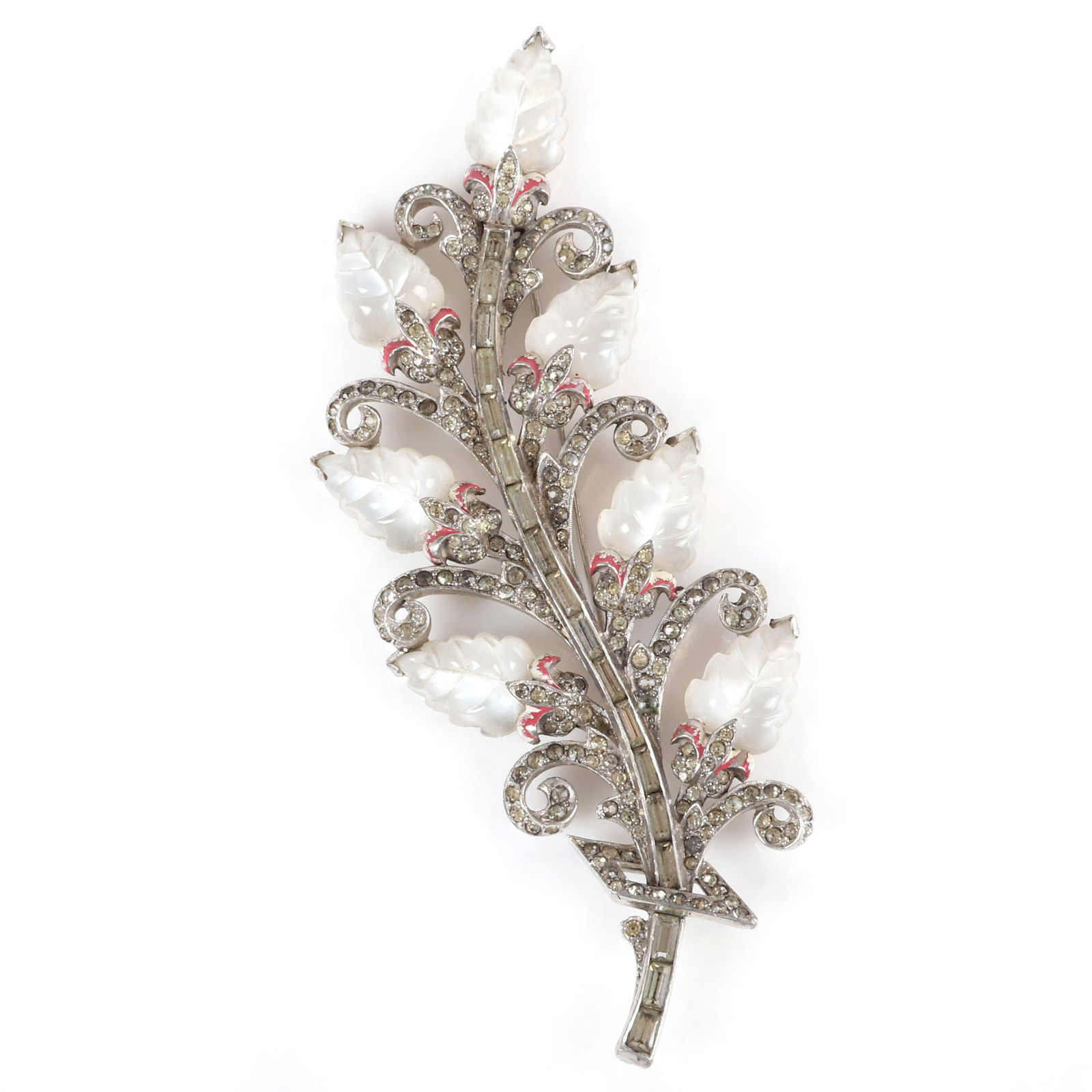 Mazer 1940s HUGE 4 1/2"H flower brooch with poured: Mazer 1940s HUGE 4 1/2"H flower brooch with poured glass fruit salad leaf jewels with lines of diamante baguettes and pave capped in pink enamel, with seven opalescent poured glass flowers. 4 1/2" H,