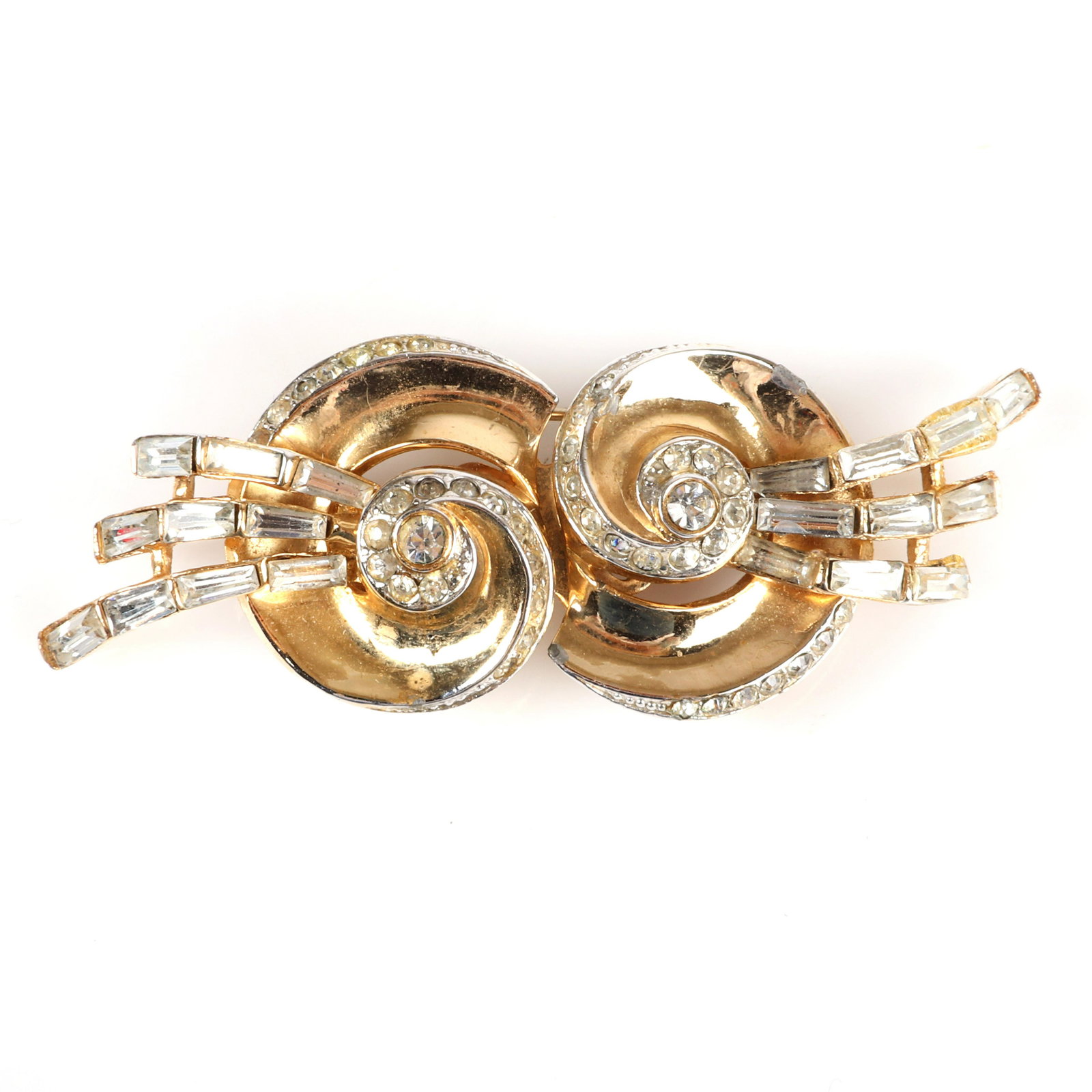 Coro Duette gold tone diamante retro swirl dress clip 1: Coro Duette gold tone diamante retro swirl dress clip with pave rhinestones and rays of baguette crystals. 1 1/4" H x 2 1/2" W