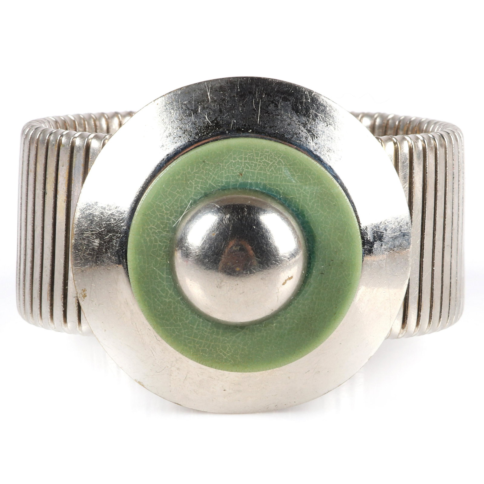Attributed to Jakob Bengel German Art Deco Machine Age: Attributed to Jakob Bengel German Art Deco Machine Age bracelet. Modern geometric stretch bracelet with galalith circle on chromed metal bullseye motif. Marked US Patent 1279852. 2 1/4" inner diam., 1