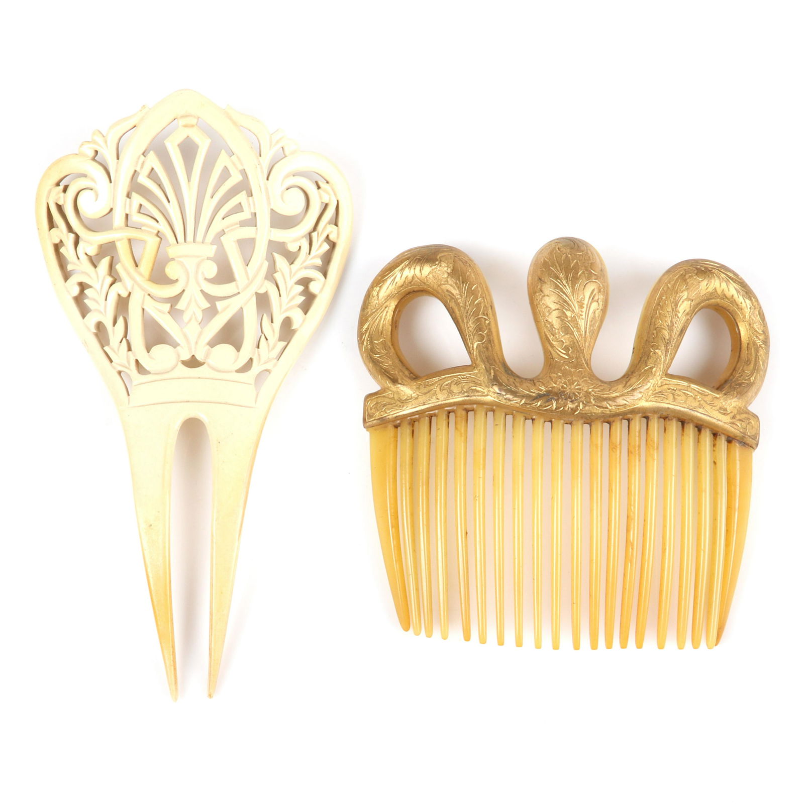 Two vintage celluloid hair combs: cream carved open (1 of 5)