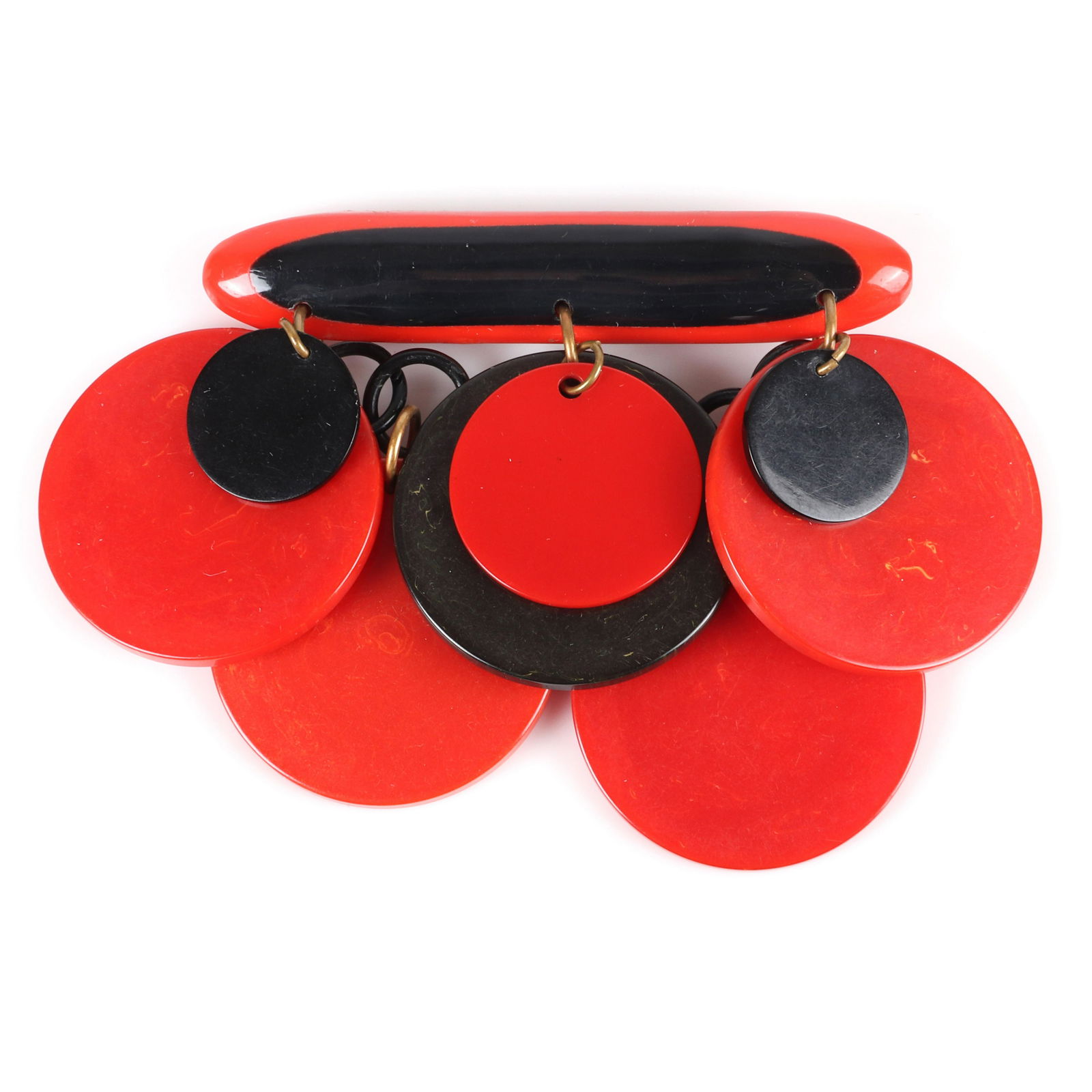 Bakelite red and black bar pin with celluloid chain and (1 of 3)