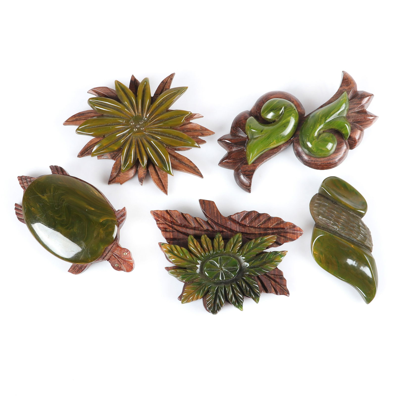 Five green marbled bakelite and wood pins 2 3/4" H x 3 (1 of 2)