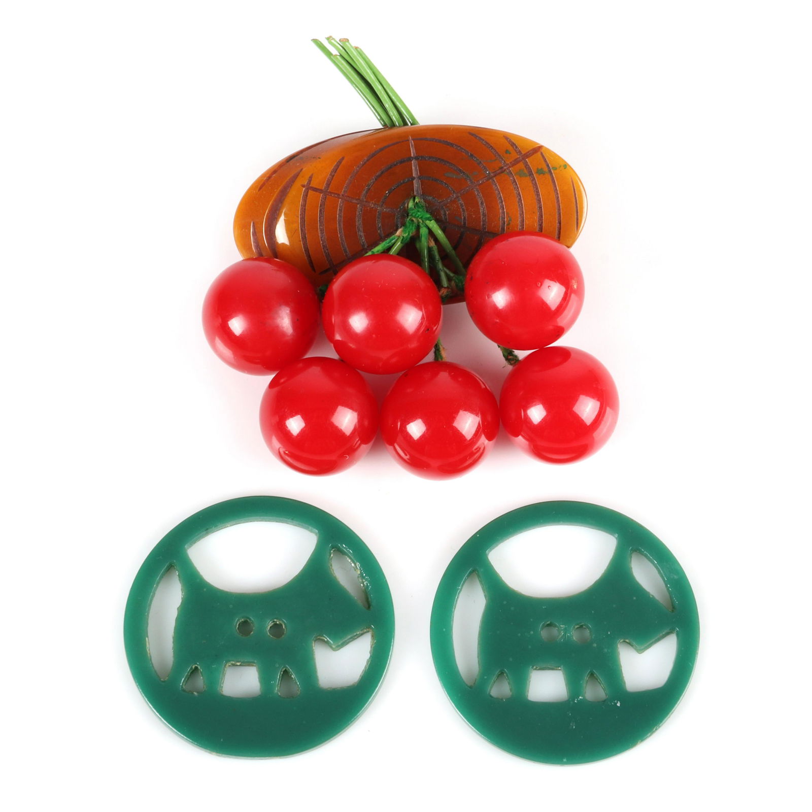 Bakelite dangling cherry charm brooch with 2 green (1 of 4)