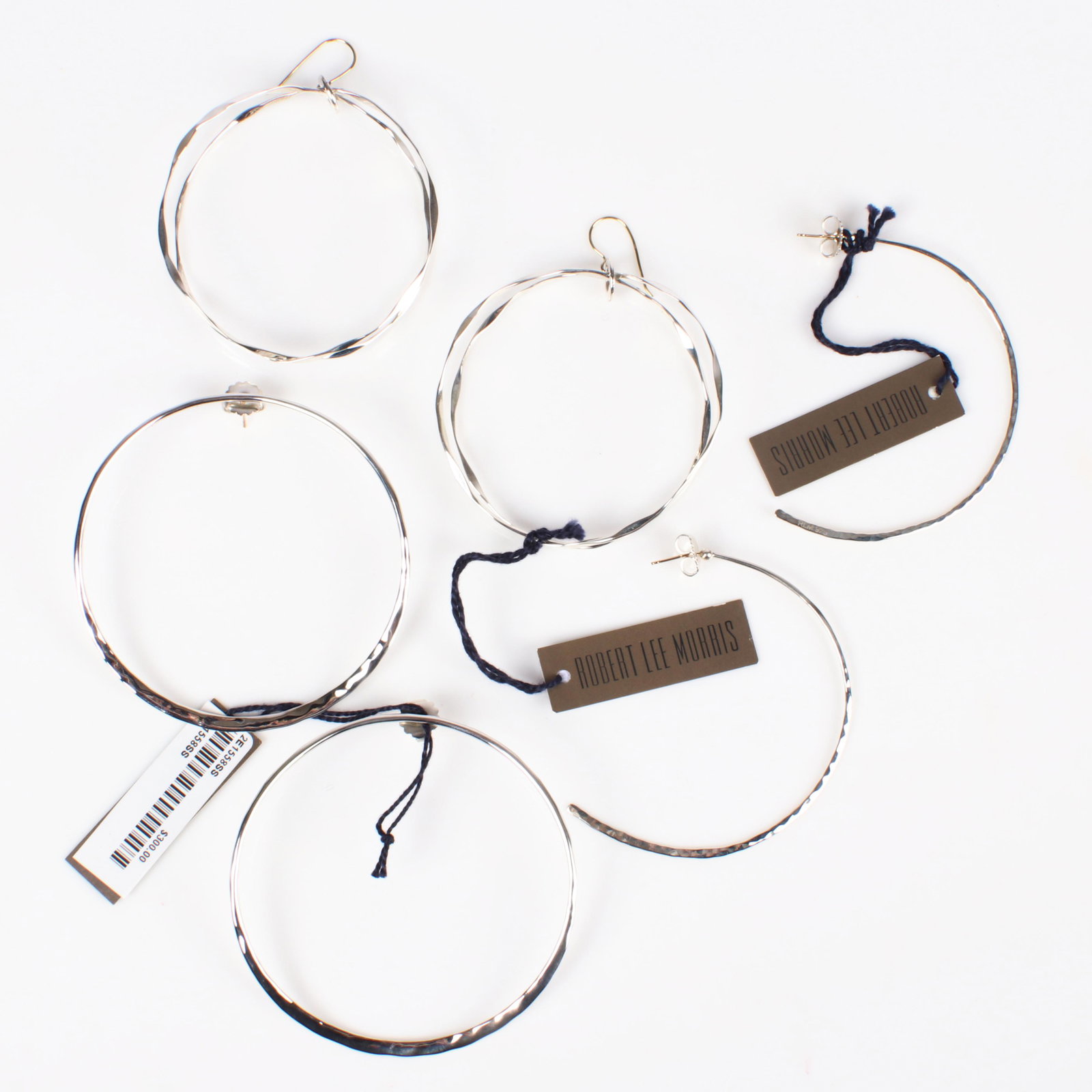 Robert Lee Morris RLM 3 pr. of HUGE hoop earrings:: Robert Lee Morris RLM 3 pr. of HUGE hoop earrings: large forward facing 3"diam. hoops, hammered double crossover, half hammered hoops, all with 14K gold hooks/posts, marked RLM 925, new old stock with