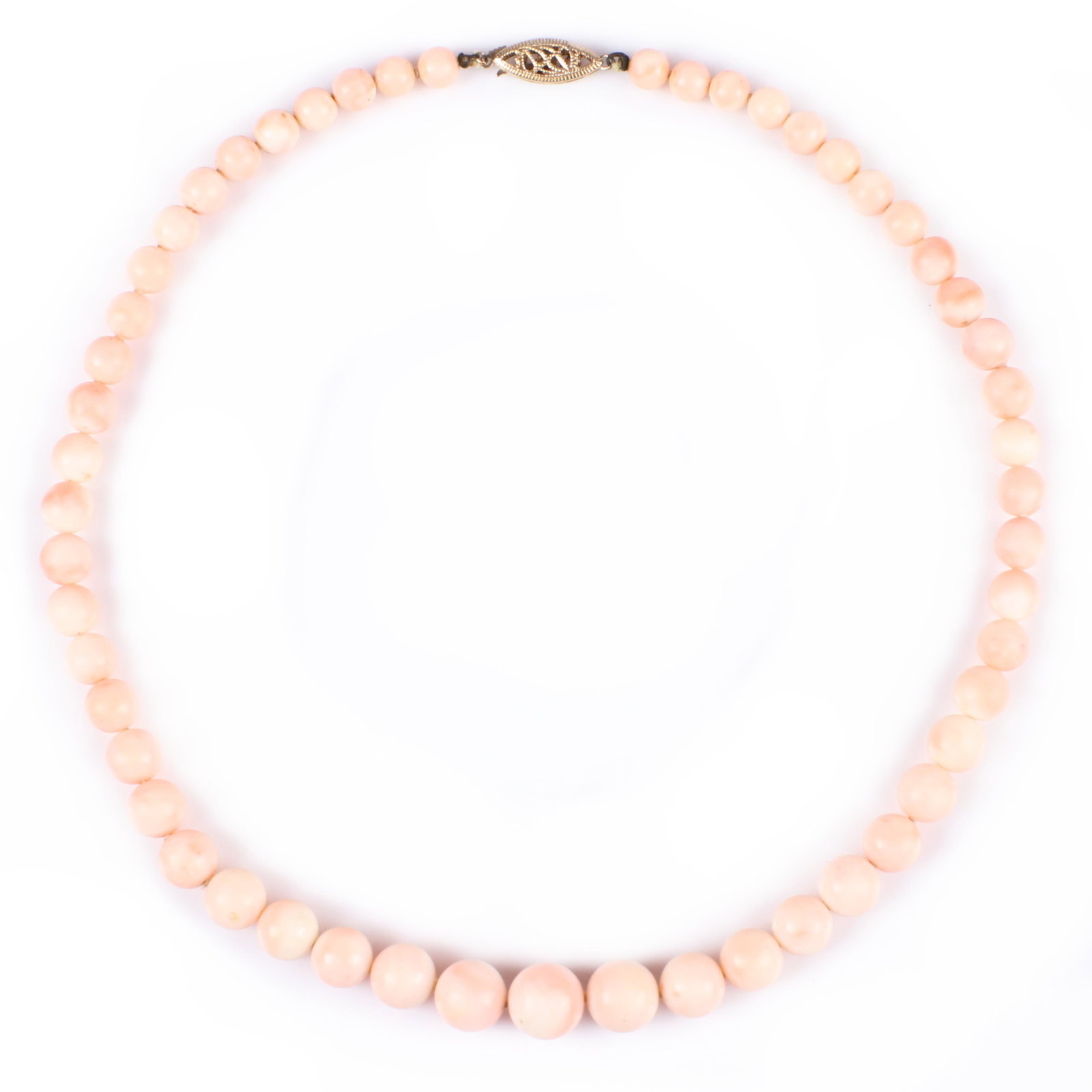 Vintage / Antique angel skin coral choker necklace with: Vintage / Antique angel skin coral choker necklace with graduated beads measuring 11mm to 6mm. Clasp is not gold. 17"L