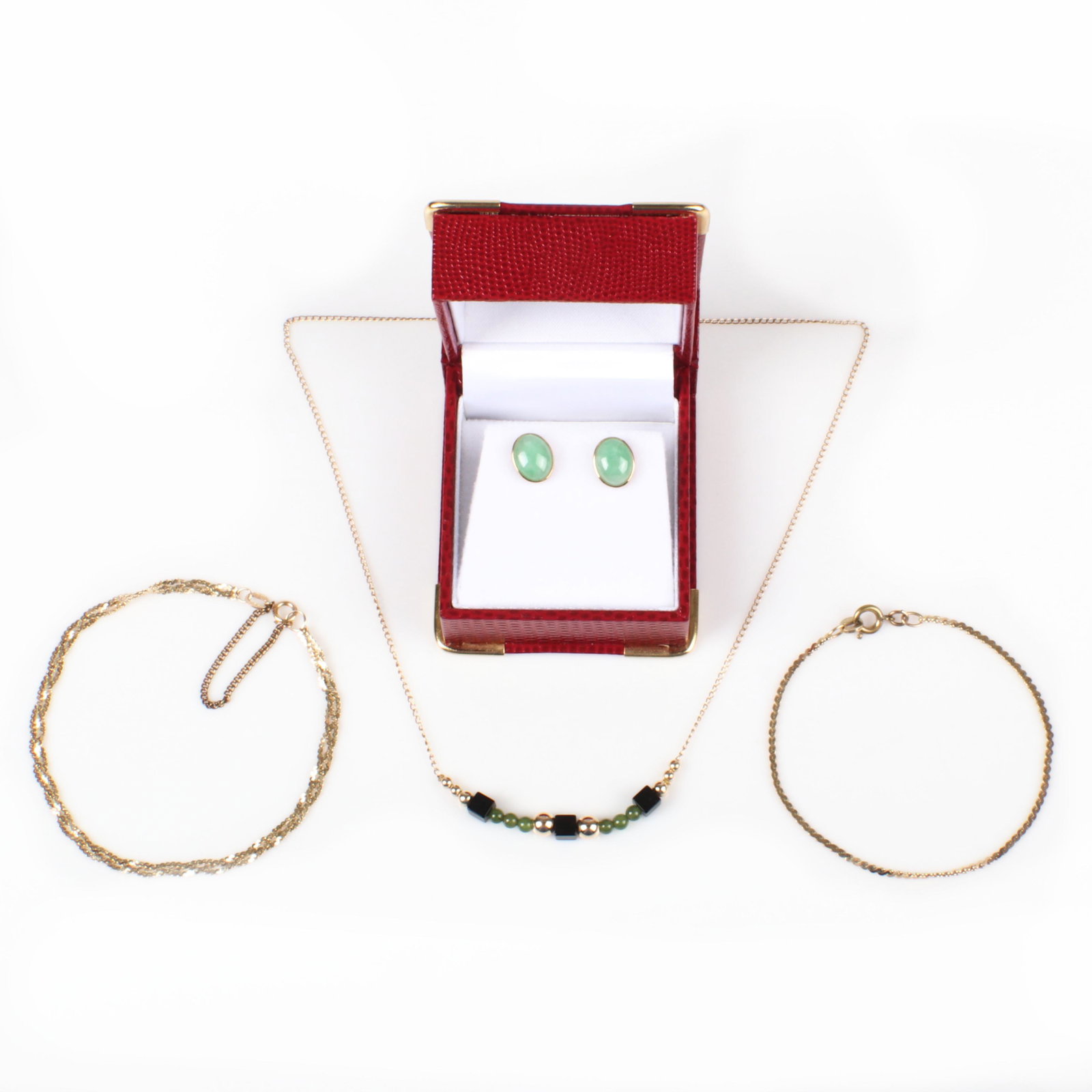Dainty 14K yellow gold jewelry 4pc., 5.20dwt; oval jade (1 of 6)