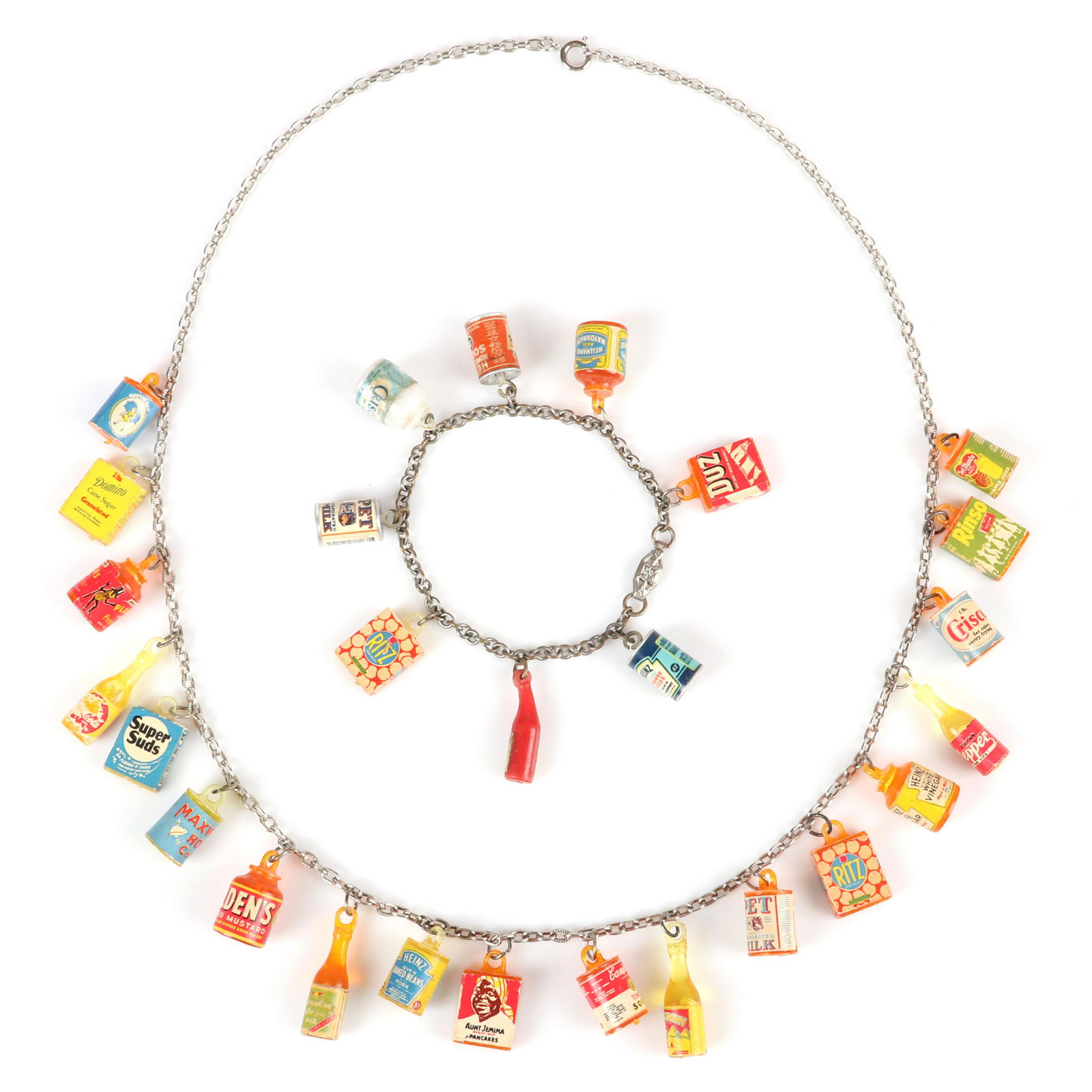 Vintage whimsical 1930s mini advertising product charm: Vintage whimsical 1930s mini advertising product charm necklace & bracelet including Pepsi, Ritz, Pet, Crisco, Heinz, Domino, Morton Salt, Coca Cola, Aunt Jemima, Campbells, Planters.
