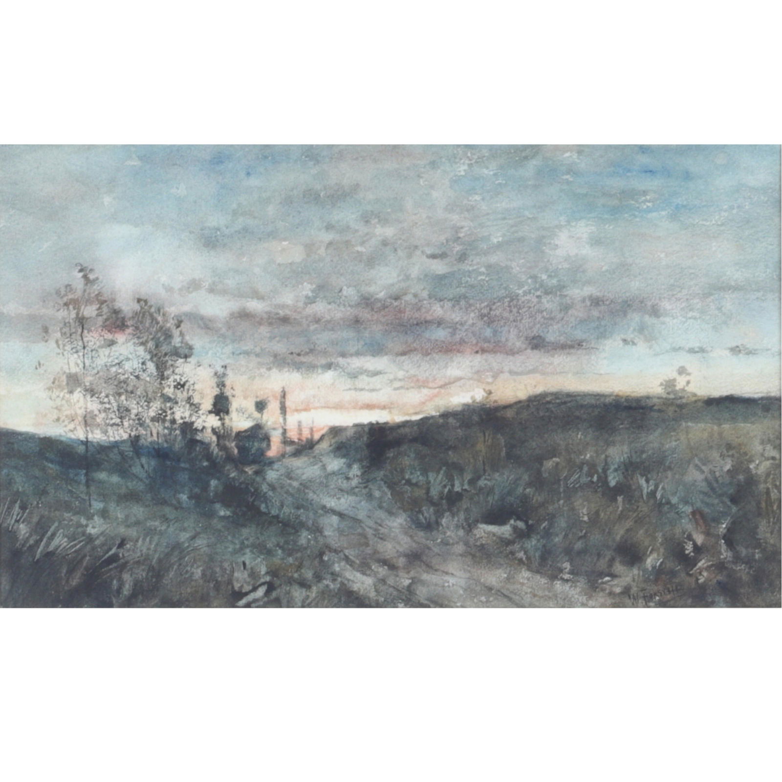William J. Forsyth, Indiana / California (1854-1935),: William J. Forsyth Indiana / California (1854-1935) Countryside Landscape at Dusk watercolor on paper signed lower right.Biography from William A. Karges Fine Art - Carmel, William Forsyth was born in