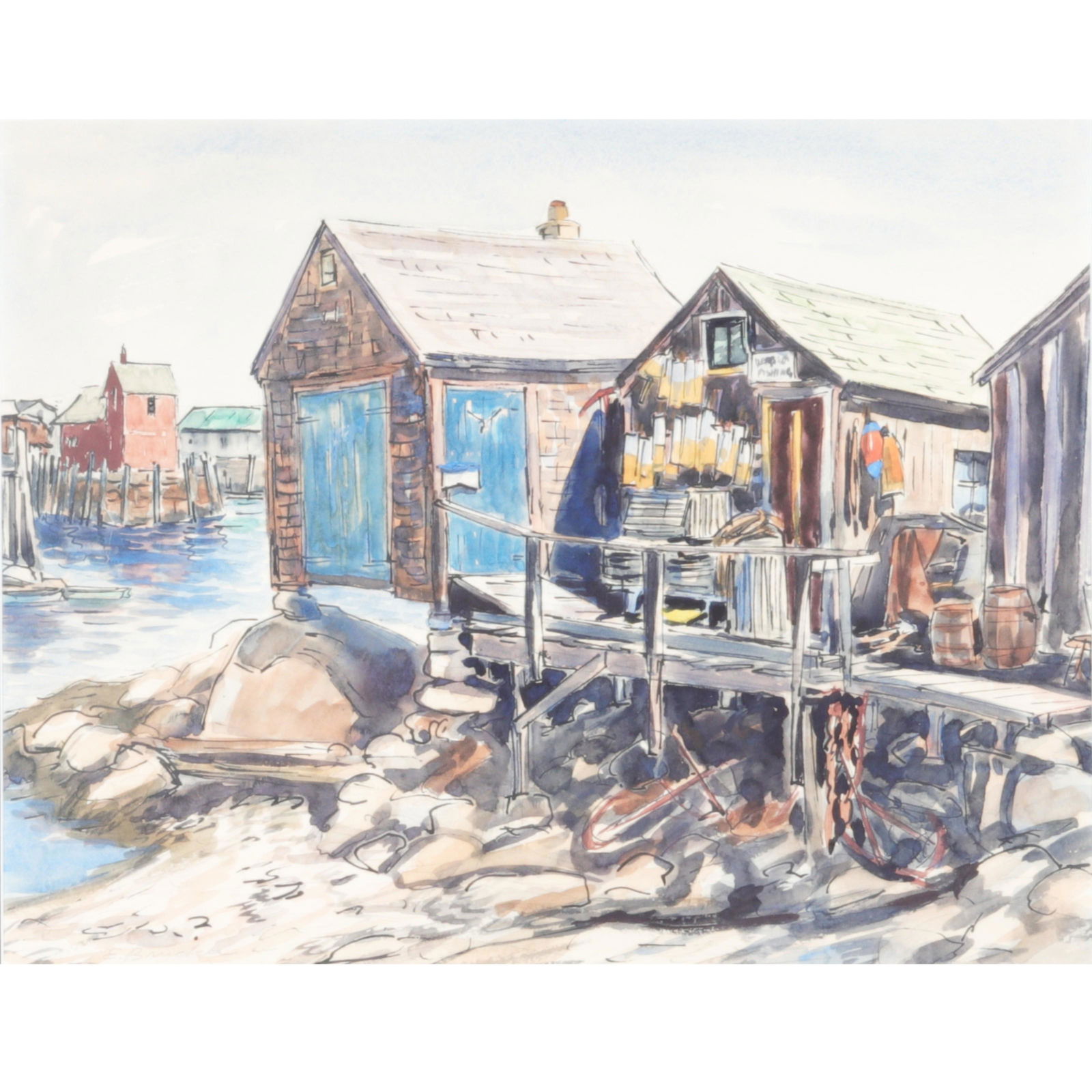Edmund Brucker, Indiana (1912 - 1999), Boat Docks,: Edmund Brucker Indiana (1912 - 1999) Boat Docks watercolor on paper signed lower left. Edmund Brucker was active as a portrait painter in Indianapolis from 1938 until his death, and he recorded the li
