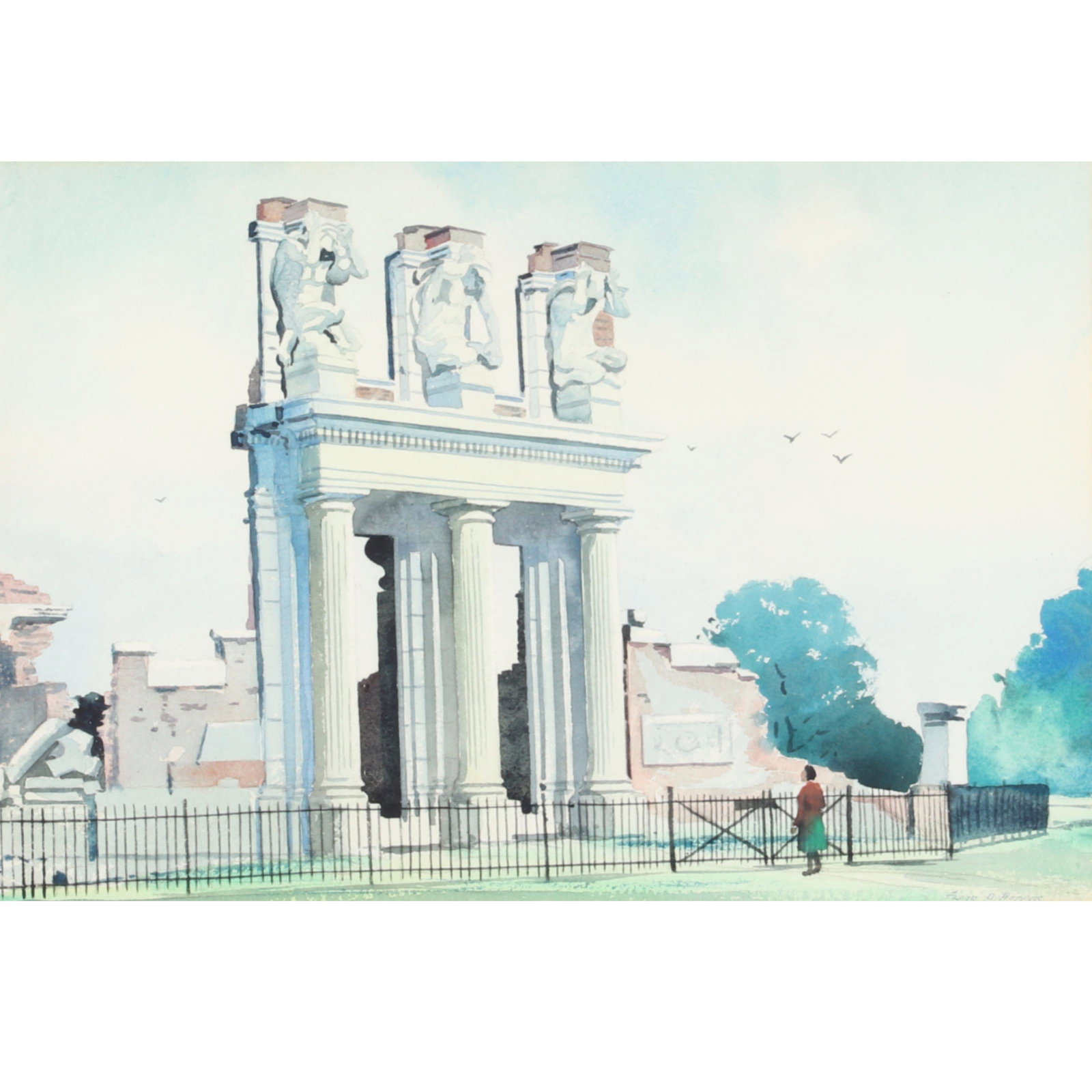 Floyd D. Hopper, Indiana (1909-1984), Holliday Park: Floyd D. Hopper Indiana (1909-1984) Holliday Park Bitter Statues, "The Ruins" watercolor on paper Signed lower right. In 1958, Western Electric announced it would demolish the St. Paul Building in New