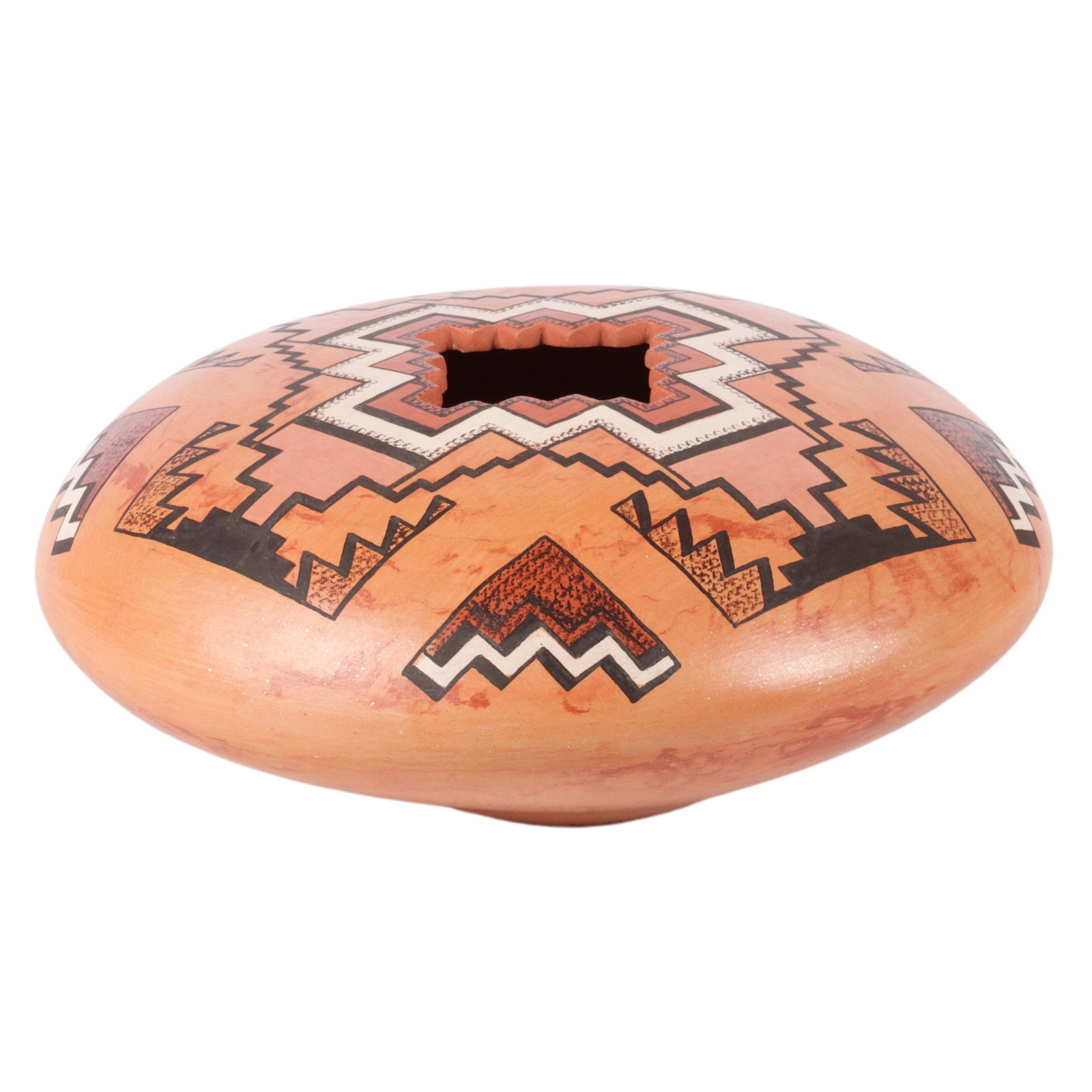 Lucy Leuppe McKelvey Navajo Native American Indian: Lucy Leuppe McKelvey Navajo Native American Indian polychrome pottery in "storm pattern," signed 4"H x 9 1/4"W