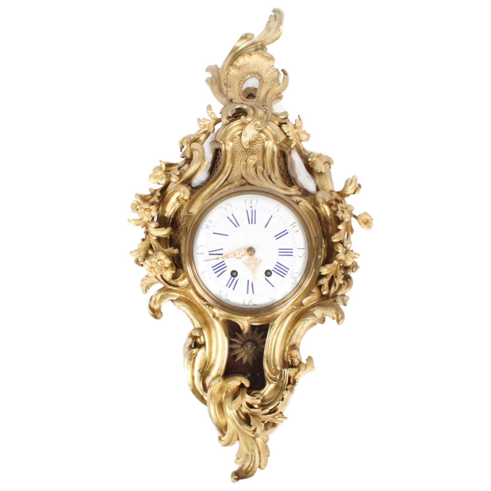 French Louis XV Style Rococo dore bronze Cartel Clock.: French Louis XV Style Rococo dore bronze Cartel Clock. There does not appear to be loss to the doer bronze. There are a few small (less than 1/8") lines at the edge of the porcelain face that are not