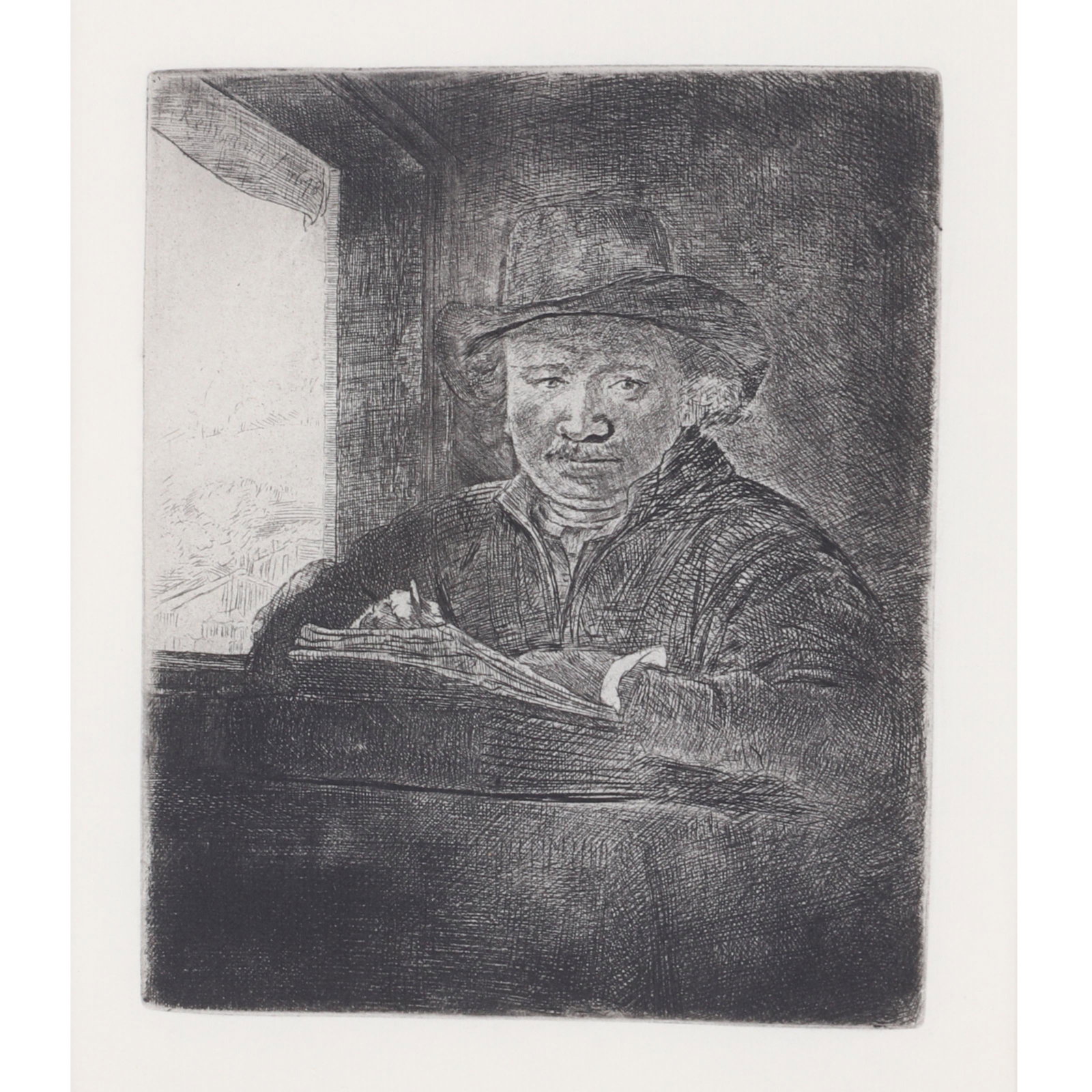 Rembrandt van Rijn, Netherlands (1606 - 1669), Self: Rembrandt van Rijn Netherlands (1606 - 1669) Self Portrait Drawing at a Window Etching on Ingres d'Arches off-white laid paper (watermark) 20th century, from the "Millenium" edition (based on original