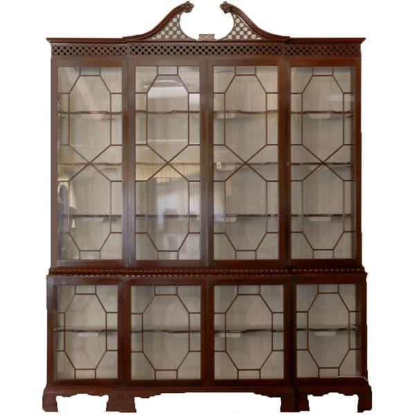 Asian inspired palatial lighted breakfront cabinet with: Asian inspired palatial lighted breakfront cabinet with glass doors above and below, brocade satin lined shaped shelves and latticework 101"H x 83"W x 17 1/2"D