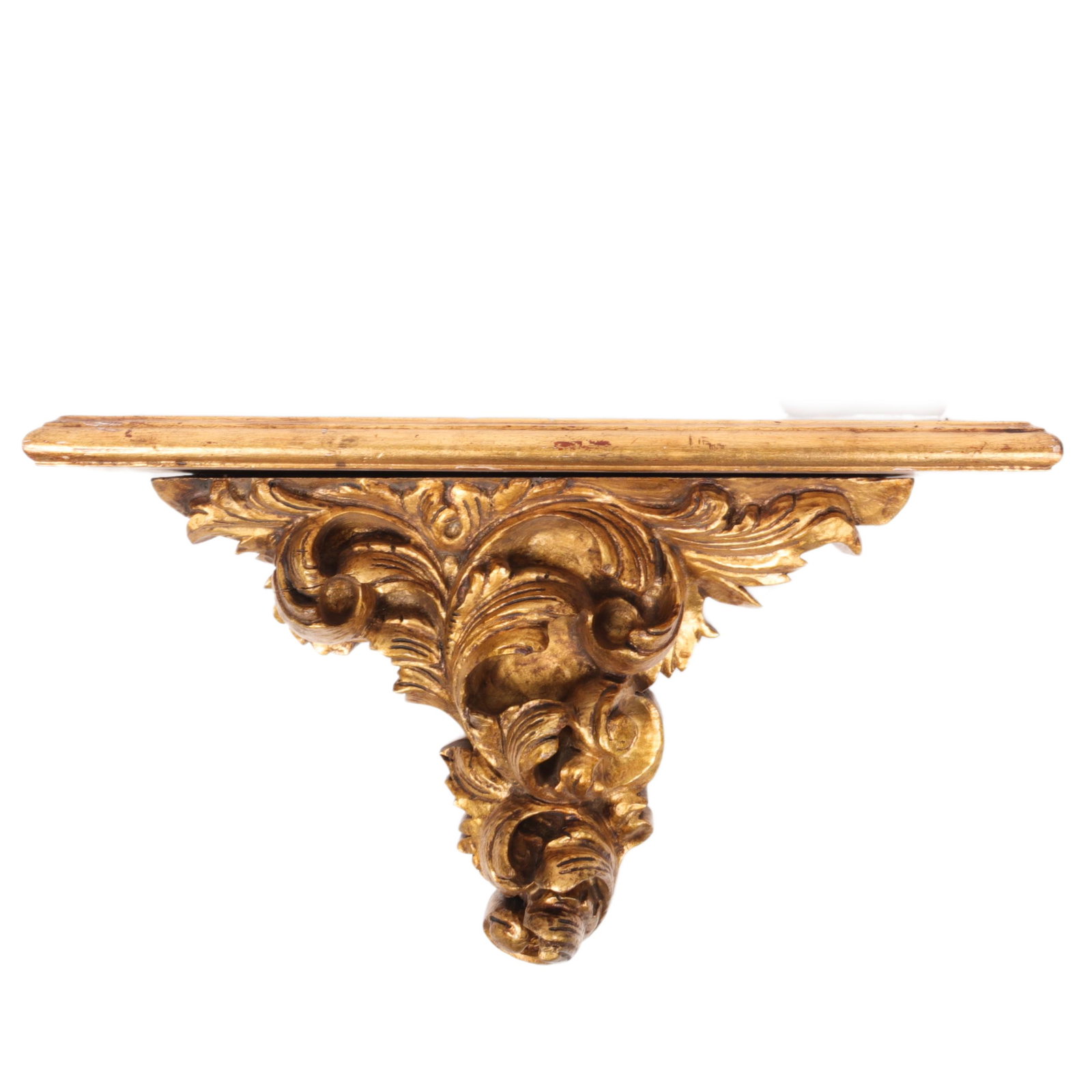 Hand carved gilt over red painted architectural shelf.: Hand carved gilt over red painted architectural shelf. 17"H x 27 1/2"W x 8 1/4"D