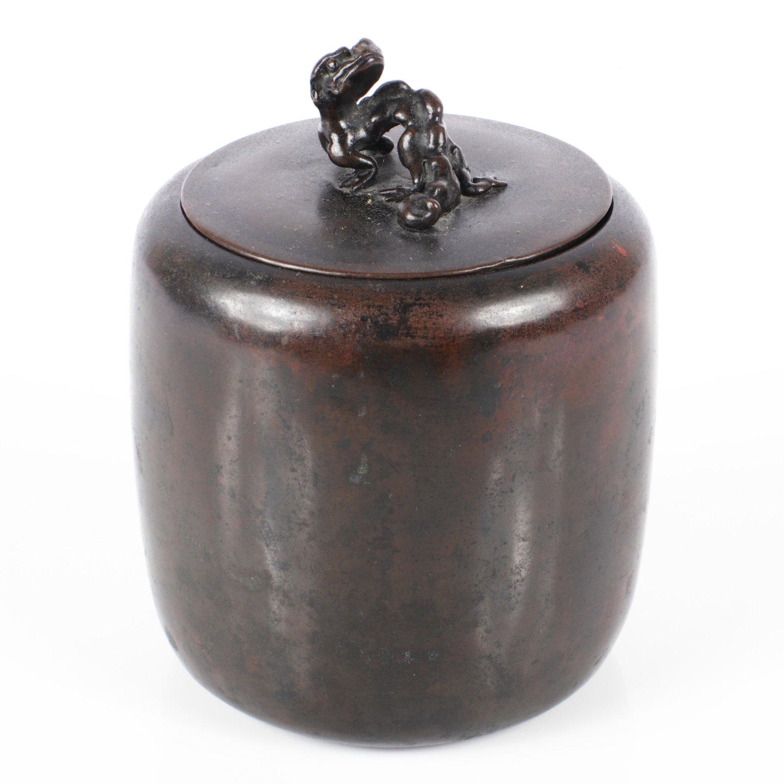 Japanese bronze jar and lid with figural dragon handle.: Japanese Meiji bronze jar and lid with figural dragon handle. Signed with three character mark. The opening of the jar is slightly out of round and the lid tends to fall inside when not placed careful