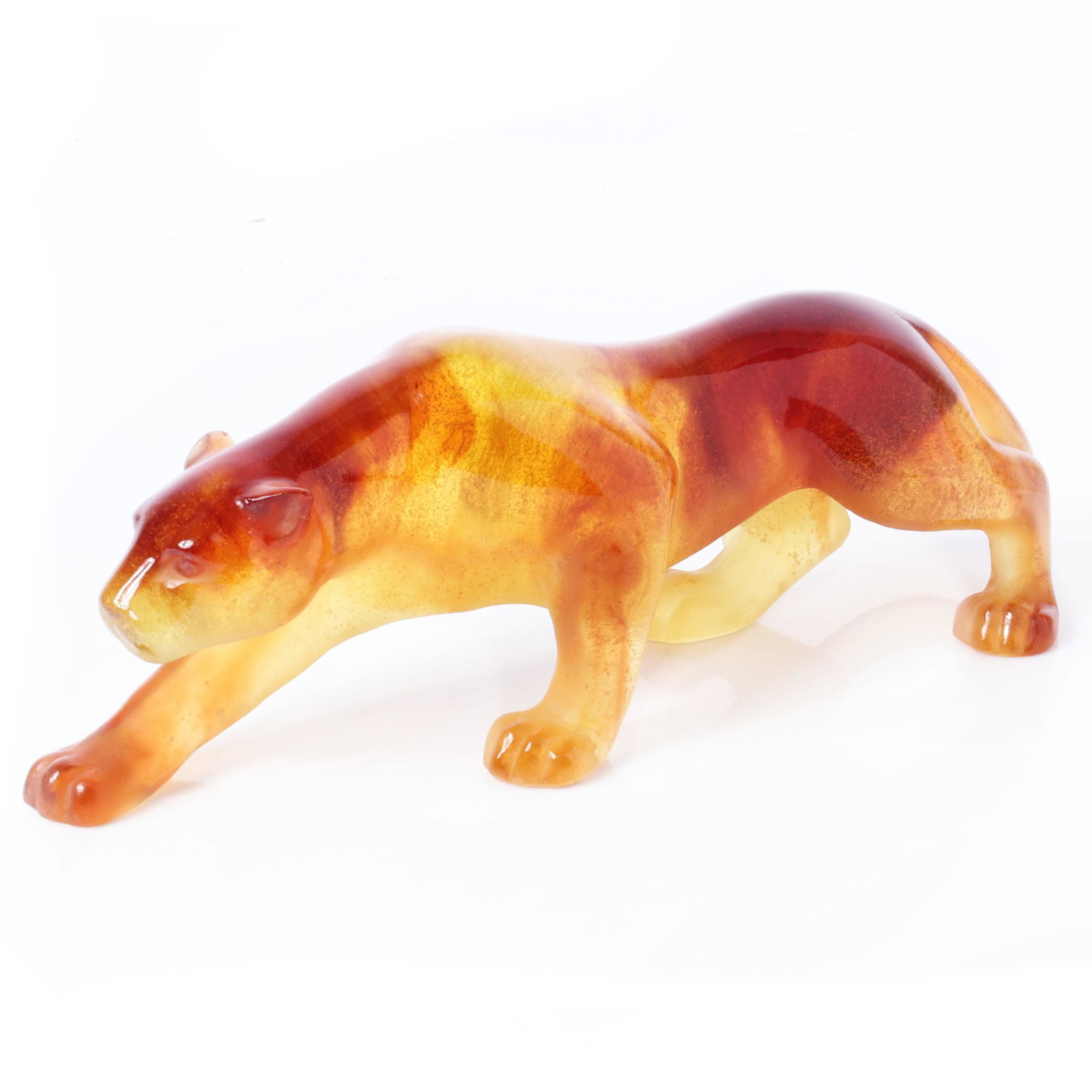 Daum France Pate de Verre amber art glass crystal: Daum France Pate de Verre amber art glass crystal figure of a panther. 3 1/2"H x 9"W x 2 1/2"D