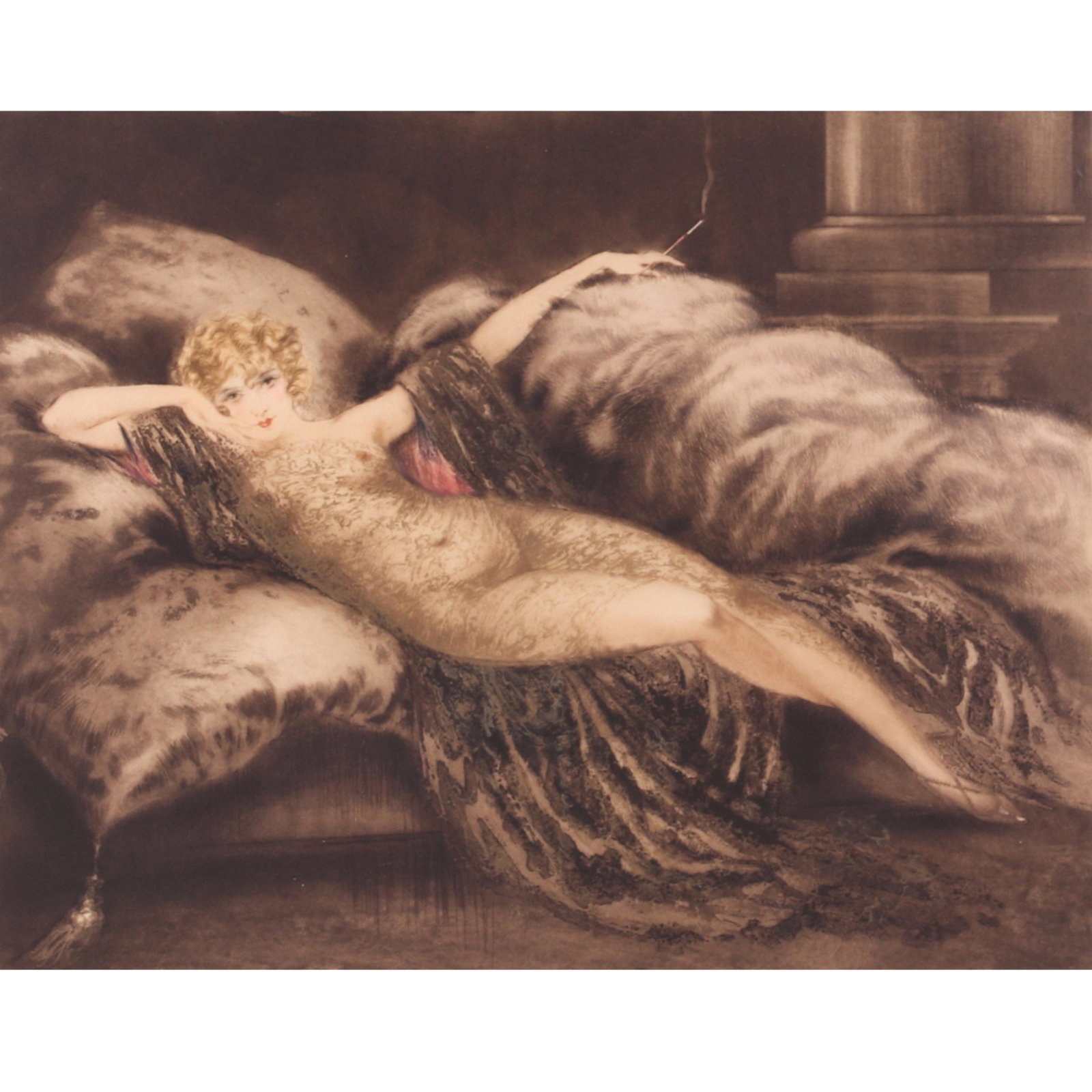 Louis Icart, French (1880-1950), Golden Veil, 1930,: Louis Icart French (1880-1950) Golden Veil, 1930 etching and aquatint reclining draped nude, pencil signed lower right margin. 16" x 19 3/4" (image), 26" x 29" (frame)