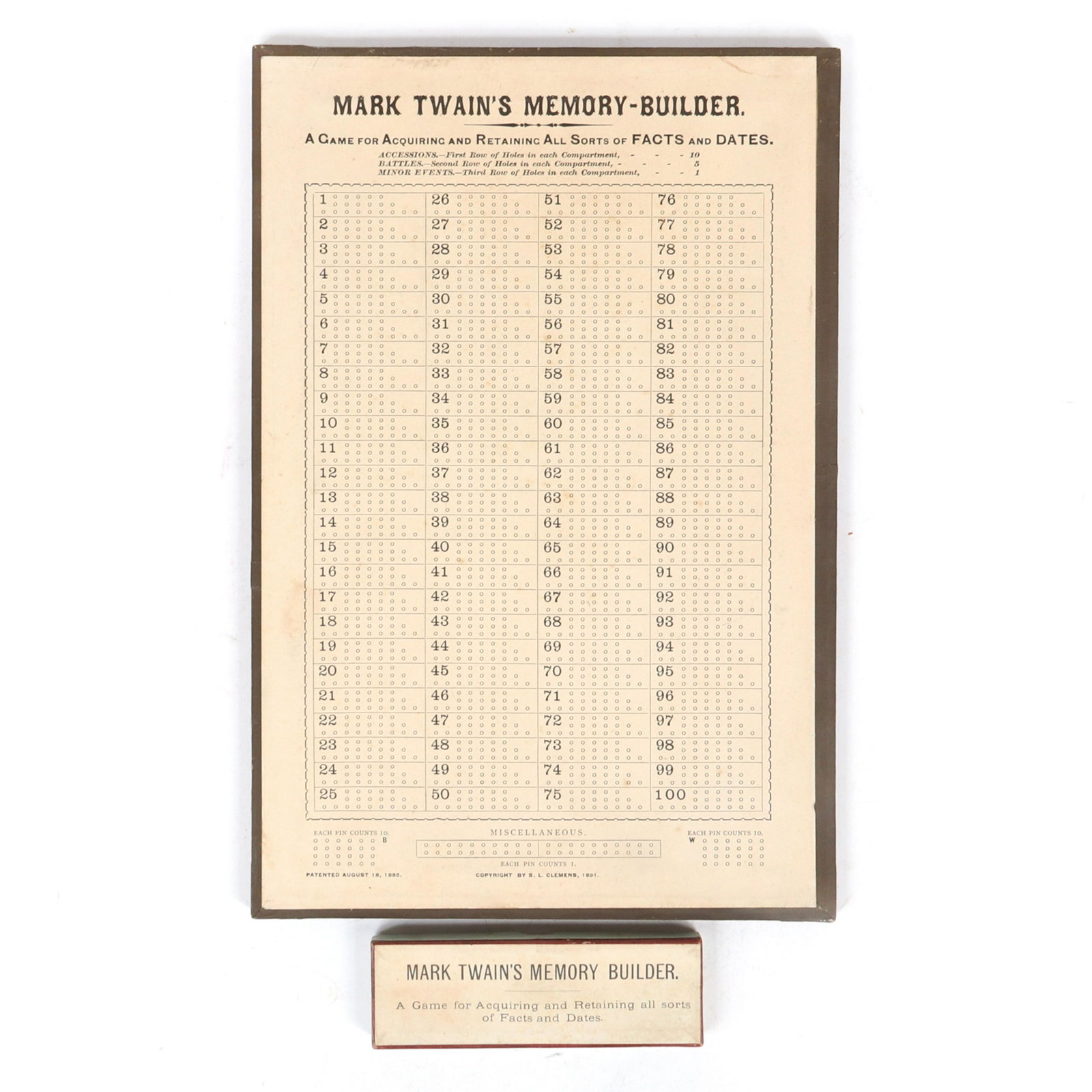 RARE "Mark Twain's Memory-Builder" antique game, unused: RARE "Mark Twain's Memory-Builder" antique game, unused with original game board, instructions, box and game pins, copyright by S. L. Clemens, 1891. Patented August 18, 1885. "A Game for Acquiring and