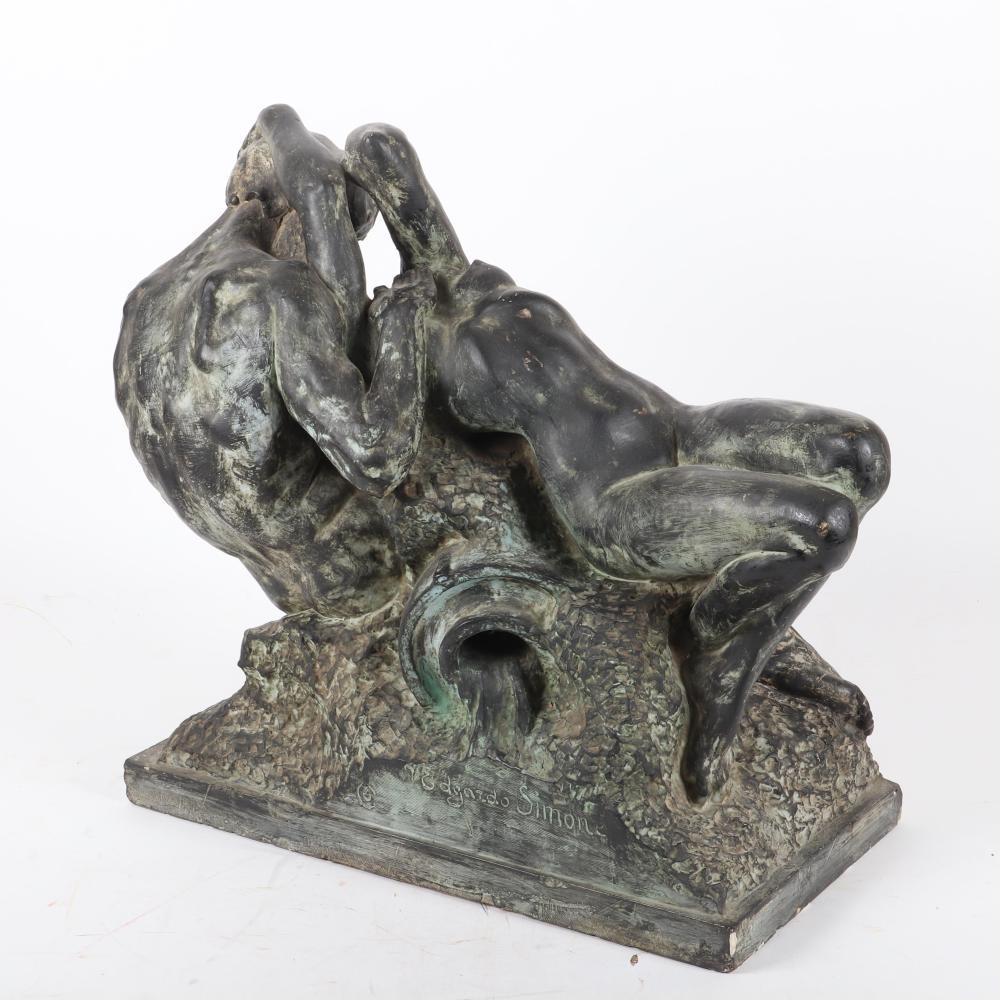 Edgardo Simone, (Italian/American, 1890-1948), The: Edgardo Simone (Italian/American, 1890-1948) The Kiss patinated plaster casting sculpture for kissing nudes fountain sculpture View catalog 19"H x 19"W x 11"D.