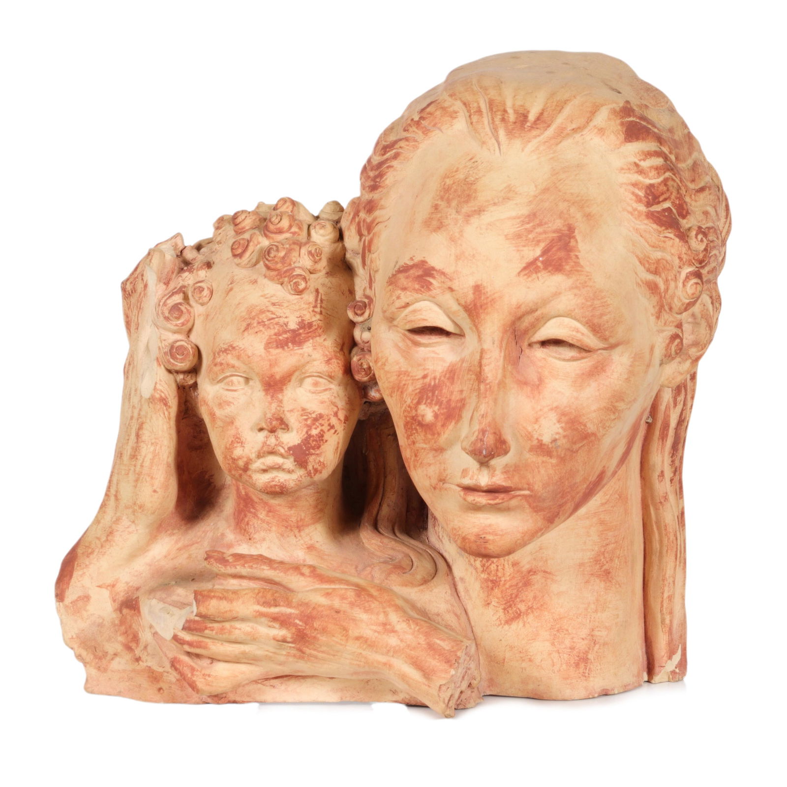 Edgardo Simone, (Italian/American, 1890-1948), Mother: Edgardo Simone (Italian/American, 1890-1948) Mother and Child Clay original with painted accents Woman with peaceful countenance embraces the face of a small boy exhibiting a stern expression. Signed