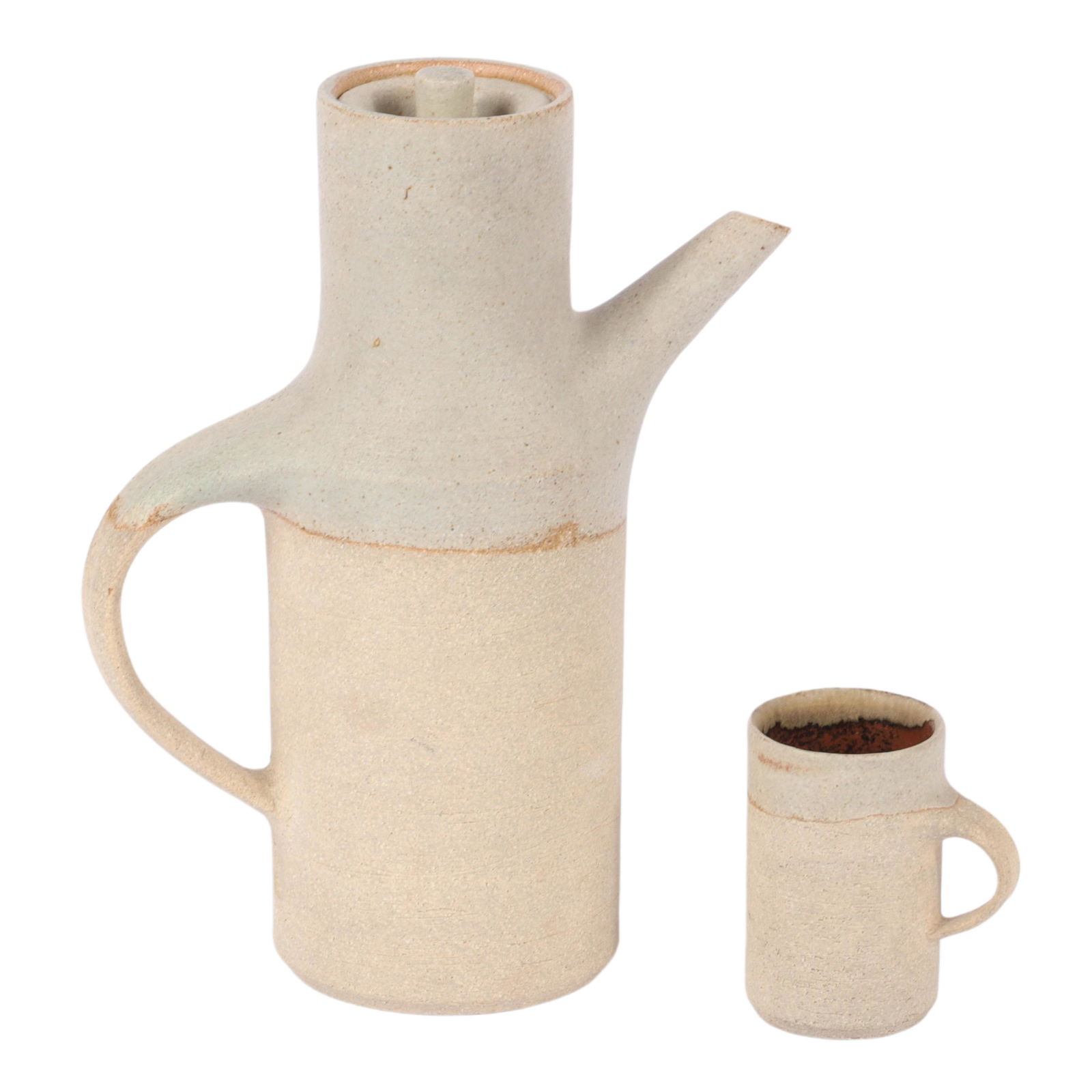 Ruth Duckworth, German American (1919-2009), Coffee Pot: Ruth Duckworth German American (1919-2009) Coffee Pot and Cup, ca.1956 stone glaze studio pottery unsigned. Provenance: From a private collector, Indianapolis. Biography from Leland Little Auctions: B