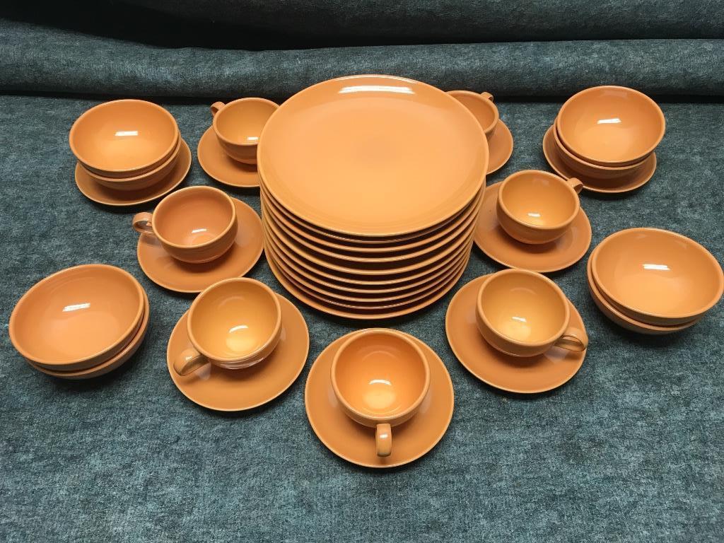 Russel Wright Iroquois Cantaloupe 34 Pieces-: Russel Wright Iroquois Cantaloupe 34 Pieces- Approximate Service for Eight; Seven Cups-one with a hairline; Nine Saucers; Ten 10” Dinner Plates; Eight 5” Cereal Bowls. 10"diam. (dinner pla