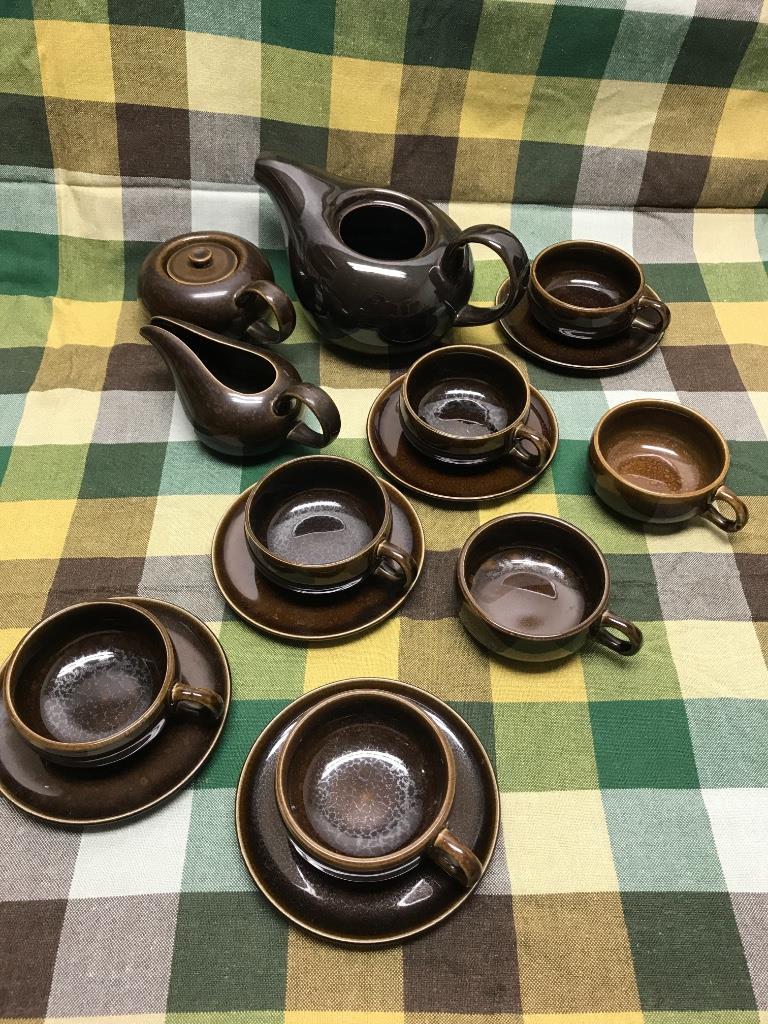 Russel Wright American Modern Black Chutney 15 Piece: Russel Wright American Modern Black Chutney 15 Piece Tea Service: Teapot- no lid; Covered Sugar; Creamer; Seven Cups; Five Saucers. 5"H (teapot)