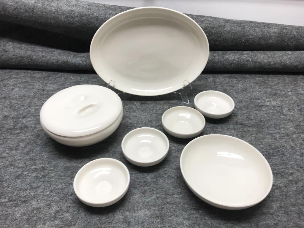 Russel Wright Iroquois White Eight Pieces: 8 1/2"diam.: Russel Wright Iroquois White Eight Pieces: 8 1/2” Covered Casserole-Repaired Pinch Style Lid, Restyled Base; Four Restyled 4 3/4” Fruits; 8” Open Vegetable; 11” x 14” Lar