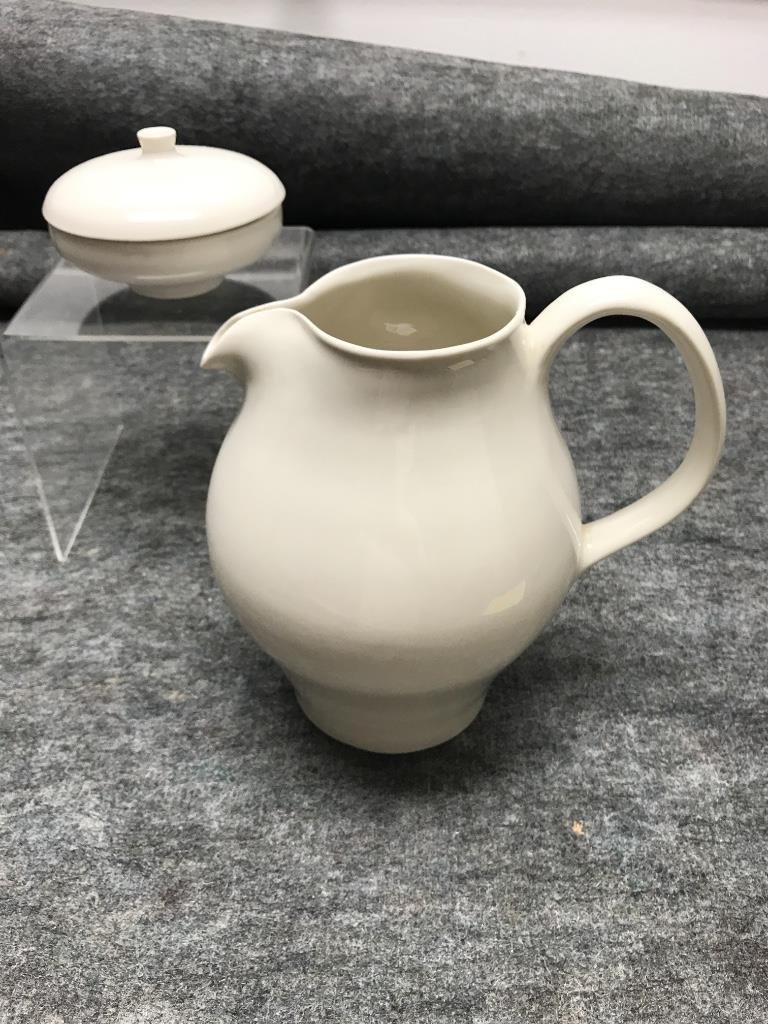 Russel Wright Iroquois White Restyled Water Pitcher;: Russel Wright Iroquois White Restyled Water Pitcher; Restyled Sugar Bowl with Lid. 8 1/2"H (pitcher)