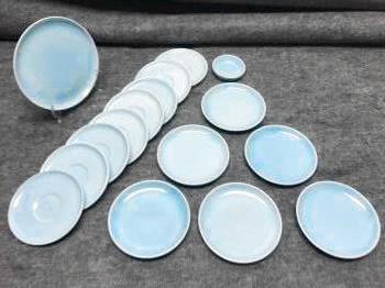 Russel Wright American Modern 16 Pieces of Glacier: Russel Wright American Modern 16 Pieces of Glacier Blue: Salad Plate; Six b&bâ€™s-three crazed-one has small chip; Eight Saucers-three crazed; Coaster. Slight color variations to this rare glaze.