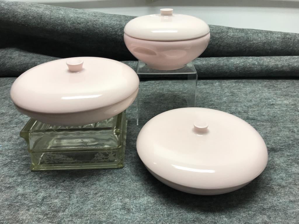 Russel Wright Iroquois Pink Three Covered Dishes:: Russel Wright Iroquois Pink Three Covered Dishes: 8” Restyled Casserole; 10” Divided Vegetable Bowl with Restyled Lid; 10” Vegetable Bowl with Restyled Lid. 10"diam. (vegetable bowl)