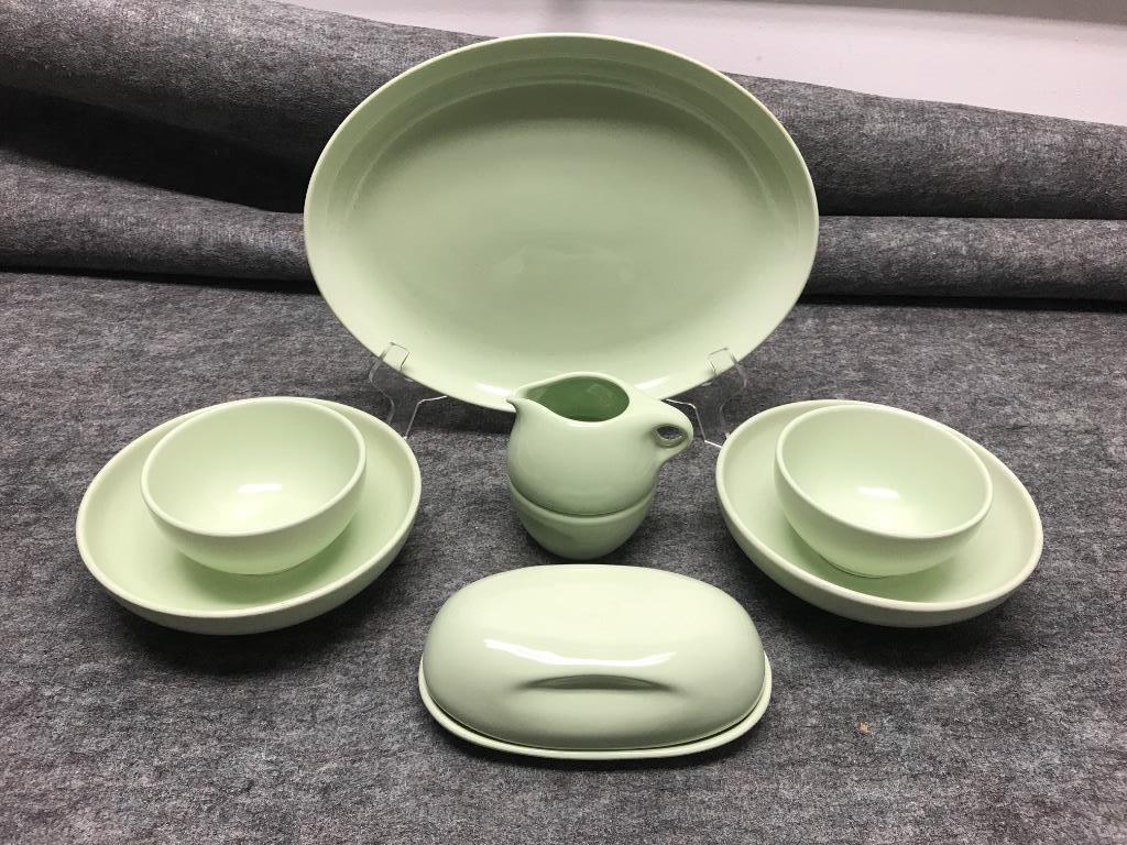 Russel Wright Iroquois Lettuce Nine Pieces: 11" x 14": Russel Wright Iroquois Lettuce Nine Pieces: 11” x 14” Oval Platter; Two Restyled 8” Vegetable Bowls; Two Restyled 5 1/4” Deep Soup Bowls; Covered Butter Dish-Ill-fitting Lid; S
