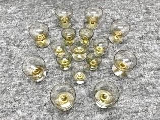 Russel Wright American Modern Old Morgantown Chartreuse: Russel Wright American Modern Old Morgantown Chartreuse Glassware Lot of 16 Pieces: One 3 1/4” Wine; Eight 2 3/4” Cocktails; Seven 2 1/4” Cordials-one chipped. Some variation in thic