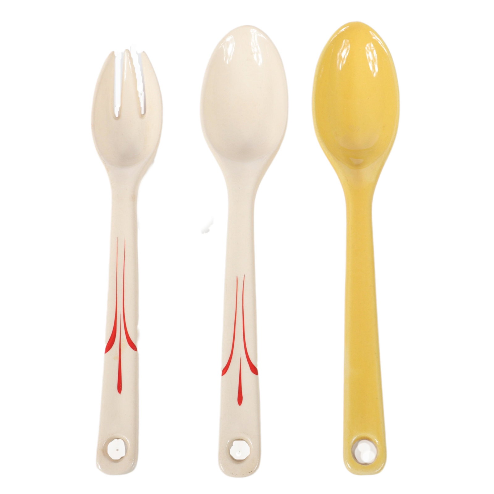 In the style of Russel Wright 3pc ceramic salad fork: In the style of Russel Wright 3pc ceramic salad fork and two spoons. yellow serving spoon and cream salad serving set with red hand painted details. 11 1/2"L (spoons)