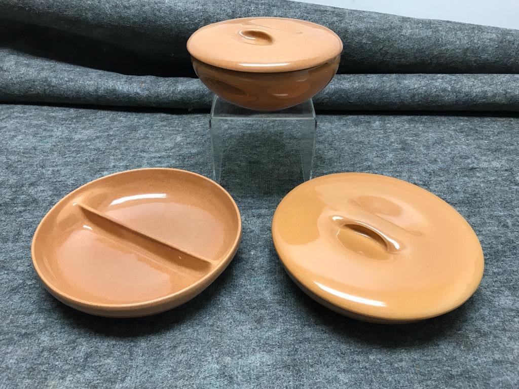 Russel Wright Iroquois Ripe Apricot Bowls; 10"diam.: Russel Wright Iroquois Ripe Apricot Bowls; 10” Divided Vegetable; 10” Covered Vegetable Bowl; 8” Covered Casserole. 10"diam. (divided bowl)