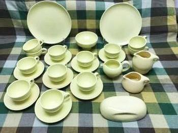 Russel Wright Iroquois Lemon Yellow Lot of 28 Pieces:: Russel Wright Iroquois Lemon Yellow Lot of 28 Pieces: Two 10” Dinners; Twelve Restyled Cups-four with wear; Eight Saucers; Restyled Gravy Base only; Butter Dish Lid only; Stacking Creamer and Su