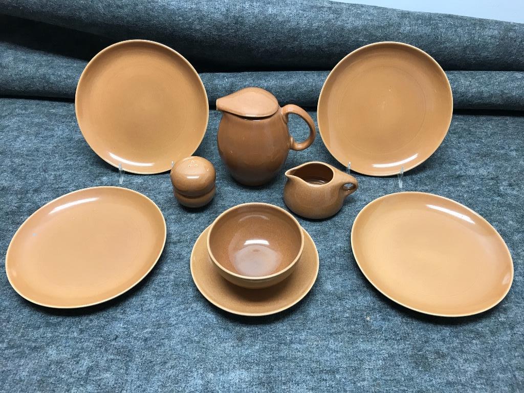Russel Wright Iroquois Ripe Apricot Ten Pieces: 9"diam.: Russel Wright Iroquois Ripe Apricot Ten Pieces: Four 9” Luncheon Plates; Covered Pitcher; Stacking Creamer; Stacking Salt & Pepper Shakers; One piece Fast-Stand Gravy. 9"diam. (luncheon plate)