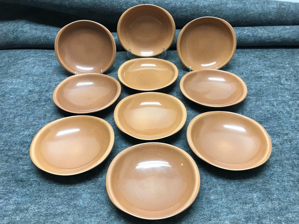 Russel Wright Iroquois Ripe Apricot Ten Gumbo Bowls. 8: Russel Wright Iroquois Ripe Apricot Ten Gumbo Bowls. 8 1/2" (at widest)