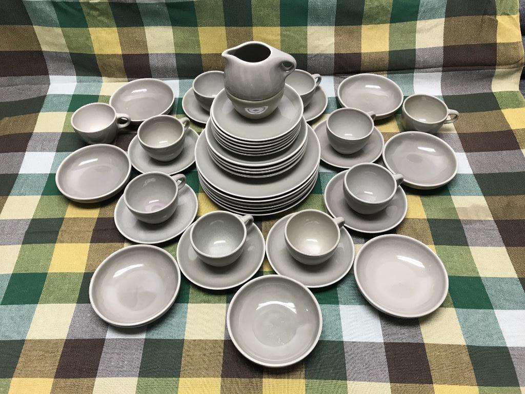 Russel Wright Iroquois Oyster Lot of 43 Pieces:: Russel Wright Iroquois Oyster Lot of 43 Pieces: Ten Coffee Cups; Eight Saucers; Six b&bâ€™s; Four Salad Plates; Six 9” Luncheon Plates; Seven 5 1/2” Fruit Bowls; Stacking Creamer and