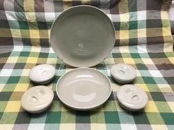 Russel Wright Iroquois Oyster Lot of Ten Pieces:: Russel Wright Iroquois Oyster Lot of Ten Pieces: 13” Chop Plate; 10” Open Vegetable; Four 5” Covered Soups; all marked â€œRussel Wright CHINA by Iroquois." 13"diam. (Chop Plate)