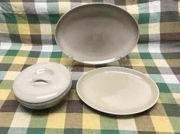 Russel Wright Iroquois Oyster Lot of Four Pieces: 8: Russel Wright Iroquois Oyster Lot of Four Pieces: 9 3/4” x 12 1/2” Platter-marked "Iroquois Casual China by Russel Wright"; 10 3/4”x 14” Platter; 8 1/4” Covered Casserole