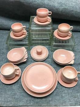 Russel Wright American Modern Coral 42 Piece Partial: Russel Wright American Modern Coral 42 Piece Partial Set: Three Dinner plates-one chipped; four Salad plates-some glaze skips; four b&b plates; ten Cups; eleven Saucers; three Lug soups; six Lug fruit