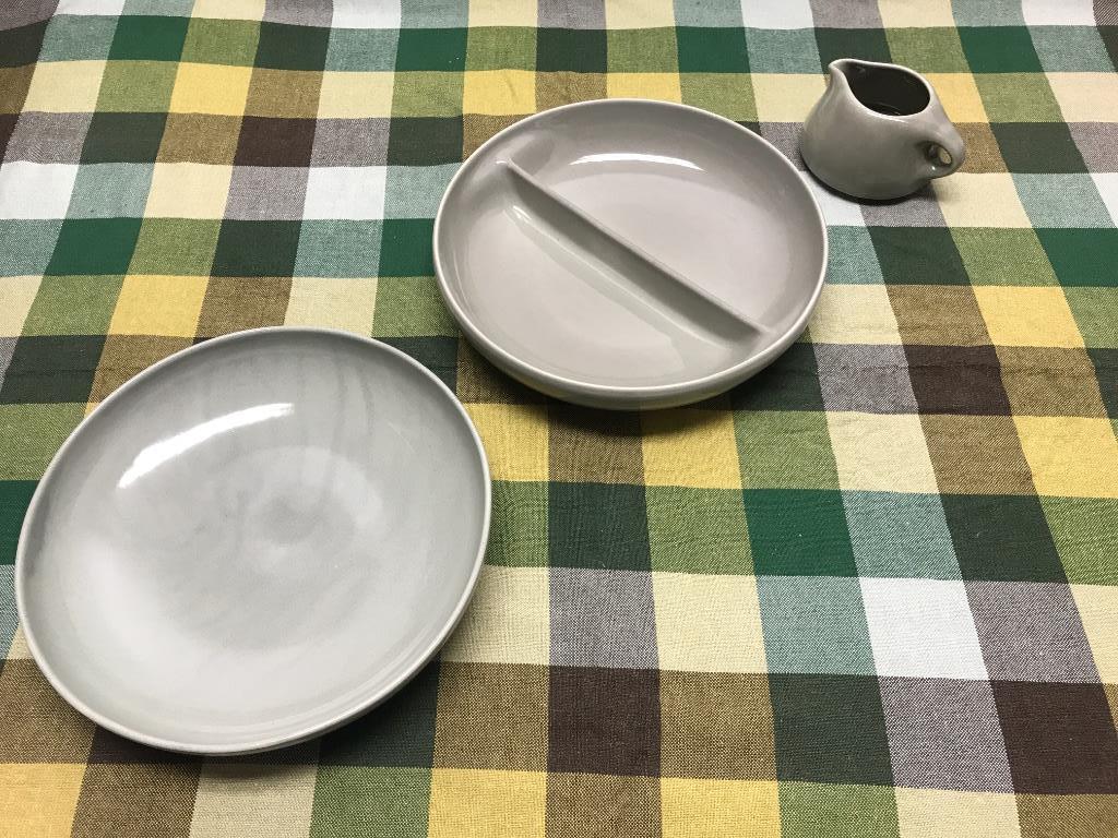 Russel Wright Iroquois Oyster Lot of Three Pieces:: Russel Wright Iroquois Oyster Lot of Three Pieces: 10” Divided Vegetable Bowl-faintly marked; 10” Vegetable Bowl-barely legible mark-blue cast and striations to glaze; Stacking Creamer mar