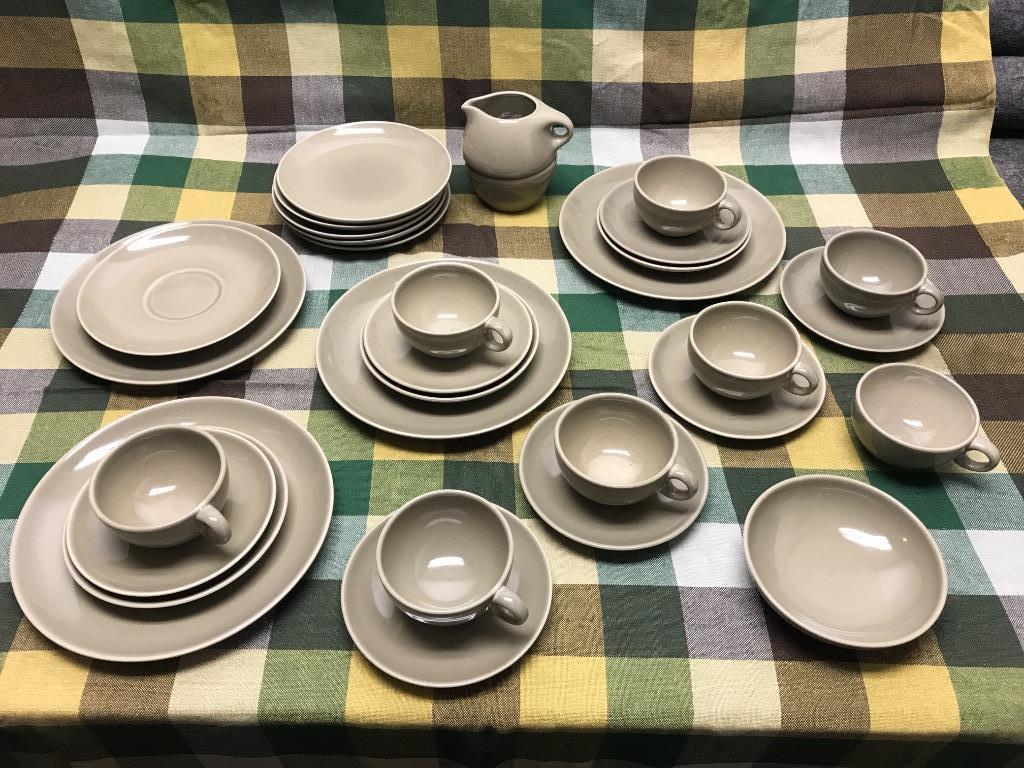 Russel Wright Iroquois Oyster Lot of 31 Pieces: 9"diam.: Russel Wright Iroquois Oyster Lot of 31 Pieces: Four 9” Luncheons; Five Salads; Three b&bâ€™s; Eight Teacups; Seven Saucers; One Fruit Bowl; Gravy under liner; Stacking Creamer and Sugar-al