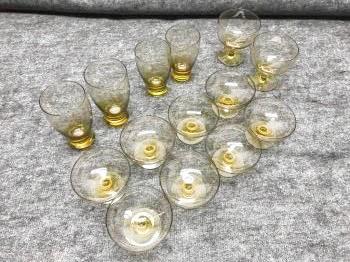 Russel Wright American Modern Old Morgantown Chartreuse: Russel Wright American Modern Old Morgantown Chartreuse Glassware Lot of 14 Pieces: Two 5” Iced Tea Tumblers; Two 4 1/2” Water Tumblers; Two 4” Goblets; Eight 2 3/4” sherbets.